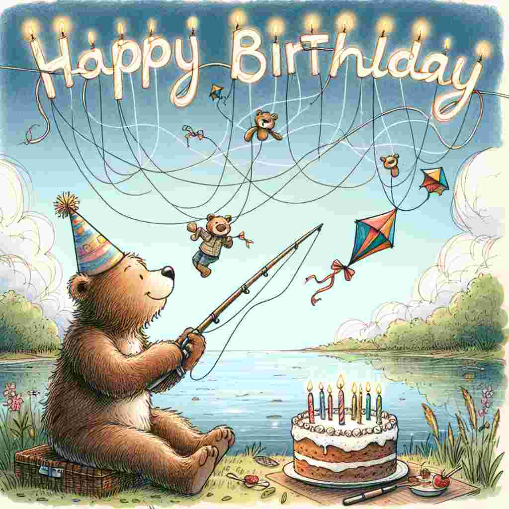 A charming birthday scene depicting a jolly bear wearing a birthday hat, sitting on a riverbank with a fishing rod, beside a cake with lit candles. 'Happy Birthday' is written in the sky with kite strings.
Generated with these themes: fishing  .
Made with ❤️ by AI.