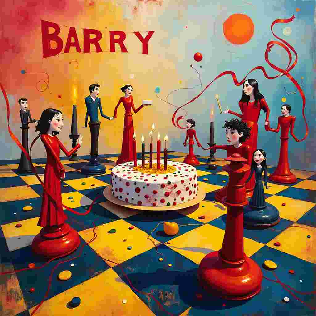 In the center of the birthday greeting card, an abstract chessboard floats, with squares rendered in Mondrian-like geometric patterns, blending red, blue, and yellow. The chess pieces are whimsically transformed into family members—kings and queens with friendly faces, pawns as children, and knights with playful expressions. Around the chessboard, red ribbons twist and wind in a Pollock-inspired frenzy, creating the illusion of motion and energy. The ribbons weave through and around the chess pieces, emphasizing the 'Running' theme.

In the upper left corner, a Rothko-esque gradient of red and orange hues forms a sky, with the name "Barry" subtly spelled out in the clouds, each letter formed by a different style of a family member holding a piece of a camera, symbolizing photography. Below, a de Kooning-style abstract cake sits on a table, its layers vibrant and chaotic, with candles that twist and curl like Twombly’s scribbles.

On the right side, a whimsical Miro-inspired camera on a tripod captures the scene, its lens resembling an eye, with swirling lines and dots radiating outward, symbolizing the moments being captured. The background is a Malevich-inspired composition of overlapping shapes in soft pastels, creating depth and dimension.

A Kandinsky-style family portrait is positioned at the bottom, where family members are abstract figures formed from intersecting lines and shapes, holding hands, and connecting through vibrant colors and energetic patterns.

Throughout the scene, Agnes Martin’s subtle grid lines provide structure, barely visible but adding a sense of coherence and calm. Gerhard Richter’s blurred, ethereal touch softly blends certain elements, uniting the disparate themes into a harmonious, surreal birthday celebration for Barry.
Generated with these themes: Red, Running , Chess, Photography , and Family.
Made with ❤️ by AI.