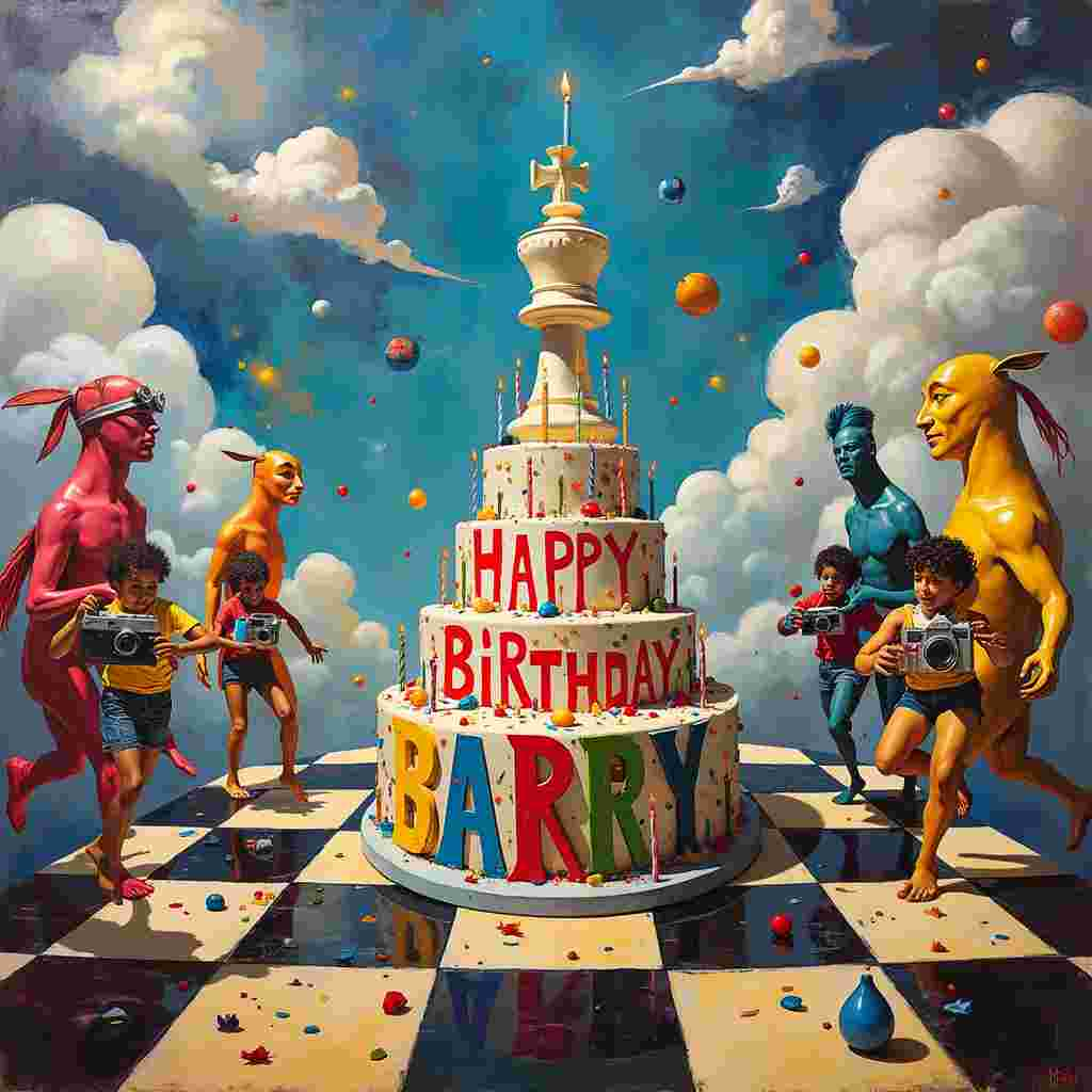 In the heart of an abstract universe, a birthday celebration unfolds with vibrant surrealism. Picture a giant chessboard sprawling across the sky, with its squares forming a mesmerizing pattern reminiscent of Piet Mondrian’s geometric grids. The chess pieces, however, defy reality—they are living, morphing figures. A regal red king, composed of dripping, Pollock-style paint strokes, is mid-stride, running across the board, leaving behind a trail of swirling, dynamic colors.

Below the chessboard, a family of whimsical characters inspired by Joan Miró’s playful shapes and forms, gather in celebration. They are holding oversized cameras, each with vintage aesthetics, capturing the magical moment. The cameras’ lenses reflect kaleidoscopic fragments of the scene, creating a fractal effect that mimics Cy Twombly’s energetic scribbles.

A gigantic birthday cake sits at the center, floating serenely. Its tiers are painted with bold, Rothko-like blocks of color, contrasting harmoniously with the chaotic background. Atop the cake, candles spell out “Barry” in vivid, glowing letters, their flames flickering with an array of Kandinsky’s iconic, concentric circles.

The sky above is an ever-changing canvas, a blend of Agnes Martin’s delicate grids and Richter’s abstract blurs, interspersed with fluffy clouds shaped like pawns, knights, and bishops. Among these clouds, one particular cloud, meticulously shaped, spells out "Happy Birthday Barry" in a fluid, de Kooning-esque script, blending seamlessly into the ethereal background.

The entire scene is a celebration of color, form, and movement, each element intertwined in a dance of surreal abstraction, creating a unique, visually rich tapestry to wish Barry a very Happy Birthday.
Generated with these themes: Red, Running , Chess, Photography , and Family.
Made with ❤️ by AI.