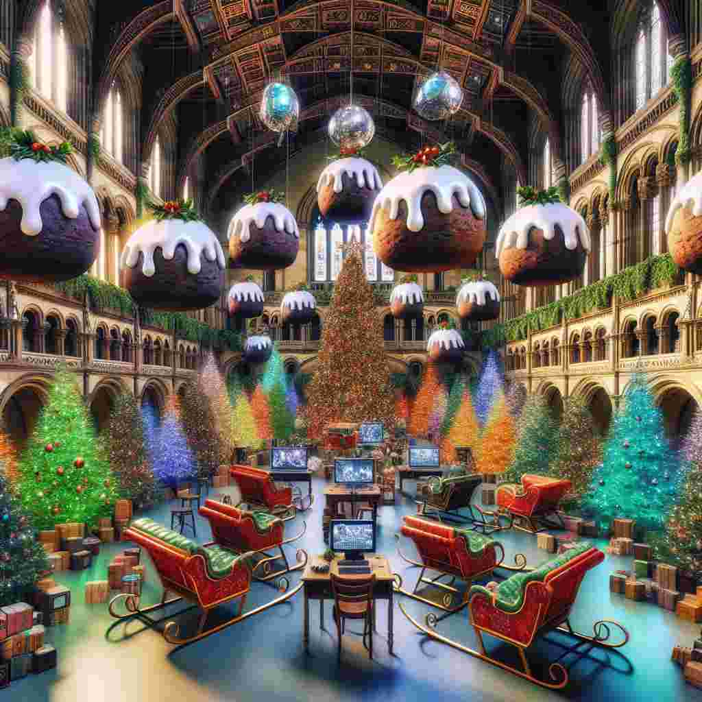 In the heart of Manchester Town Hall, a Christmas scene unfolds like a dream. Surreal Christmas puddings float among glowing decorations, drifting over a cluster of antique sleighs that double as quirky seating. TV cameras and computer screens embed within Christmas trees at Media City, broadcasting festive cheer across pixels and pine needles.
Generated with these themes: Tv cameras, Christmas puddings, Sleigh, Computer screens, Illuminated decorations, Christmas trees, Media city, and Manchester town hall.
Made with ❤️ by AI.