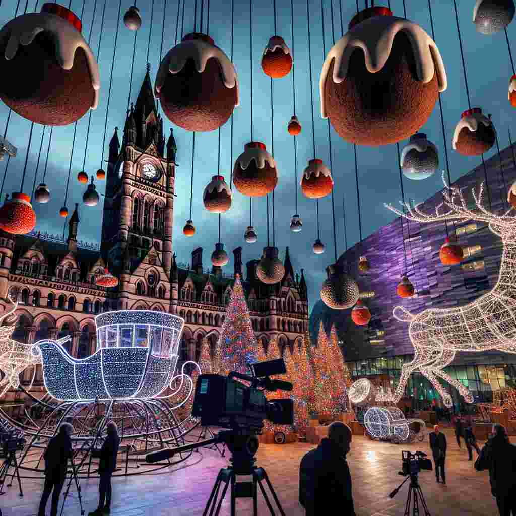 Manchester's Media City becomes a canvas for a surreal abstract Christmas celebration, merging the old with the new. The gothic structure of the town hall overlooks a maze of futuristic sleighs and Christmas trees where TV cameras weave through a forest of screens and illuminated hangings. Amongst them, festive puddings orbit in a dance of abstract holiday wonder.
Generated with these themes: Tv cameras, Christmas puddings, Sleigh, Computer screens, Illuminated decorations, Christmas trees, Media city, and Manchester town hall.
Made with ❤️ by AI.