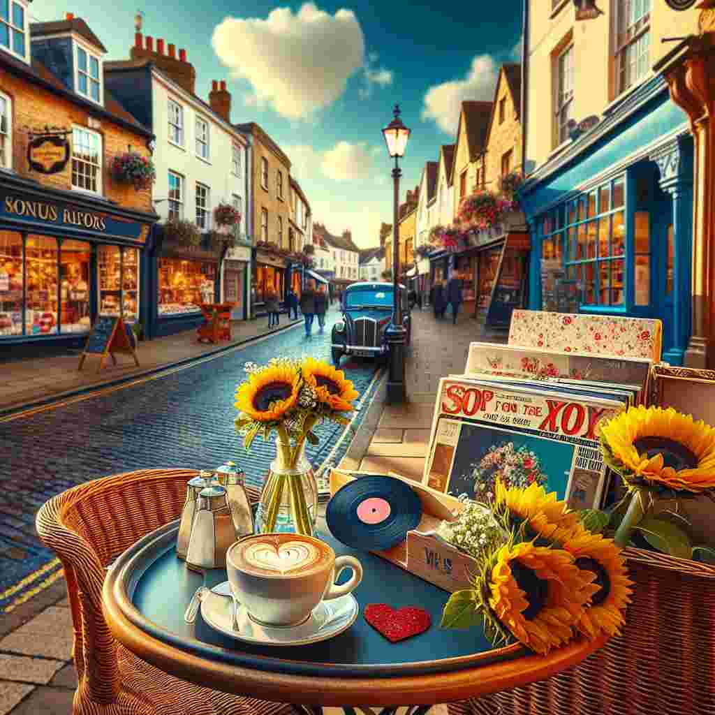 Envision a delightful English market town street during Valentine's Day, filled with an ambience of affection under a radiant blue sky. The centerpiece of this picture is a snug bistro table outside a charming café, prepared for a couple. On the table is a piping hot cappuccino, its smell mingling with that of fresh sunflowers situated next to it. On view from a nearby shop, vinyl records contribute an element of nostalgic romance. Surrounding establishments flaunt items for Valentine's Day, beckoning pedestrians to participate in the joyous celebration of love.
Generated with these themes: Bistro table set for two outside a café , Vinyl records, English market street town, Cappuccino on the table, Love, Sunflowers, Shops, and Blue sky.
Made with ❤️ by AI.