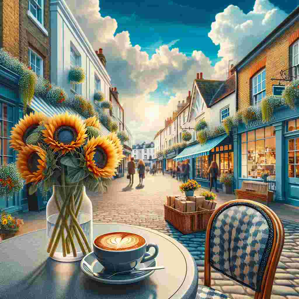 Imagine a romantic Valentine's Day scenario against a serene blue sky backdrop, within a lively English market town. An inviting bistro table for two is placed outside a charming cafe, adorned by a frothy cappuccino next to a vase full of bright sunflowers. The area is imbued with love and warmth, with couples leisurely strolling by, accompanied by the gentle, nostalgic sound of vinyl records playing from a nearby store. The cheerful facades of local shops contribute to the amorous atmosphere, making a perfect setting for celebrating this special day.
Generated with these themes: Bistro table set for two outside a café , Vinyl records, English market street town, Cappuccino on the table, Love, Sunflowers, Shops, and Blue sky.
Made with ❤️ by AI.