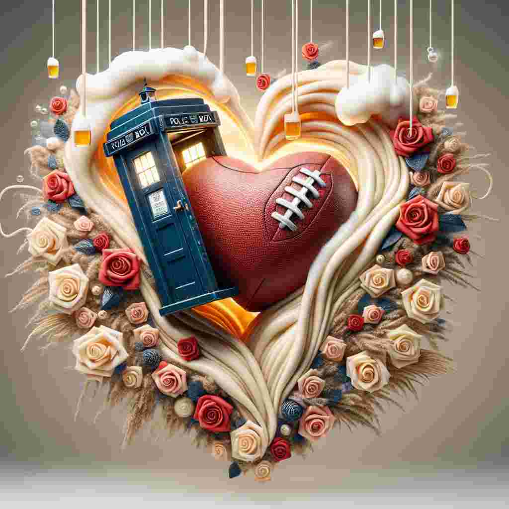 Produce a whimsical abstract Valentine's Day scene that playfully integrates quintessential English motifs. At the center of the design is a heart-shaped football, meticulously sewn together with roses, portraying the nation's passion for their favorite sport. Floating above is an iconic vintage British police call box, casting a warm, tempting light, with its door slightly open, hinting at an enticing adventure. Tangled within the backdrop are fine streams of frothy beer, which softly bubble up from the bottom, providing a festive touch to this affectionate composition.
Generated with these themes: England football, beer, dr who.
Made with ❤️ by AI.