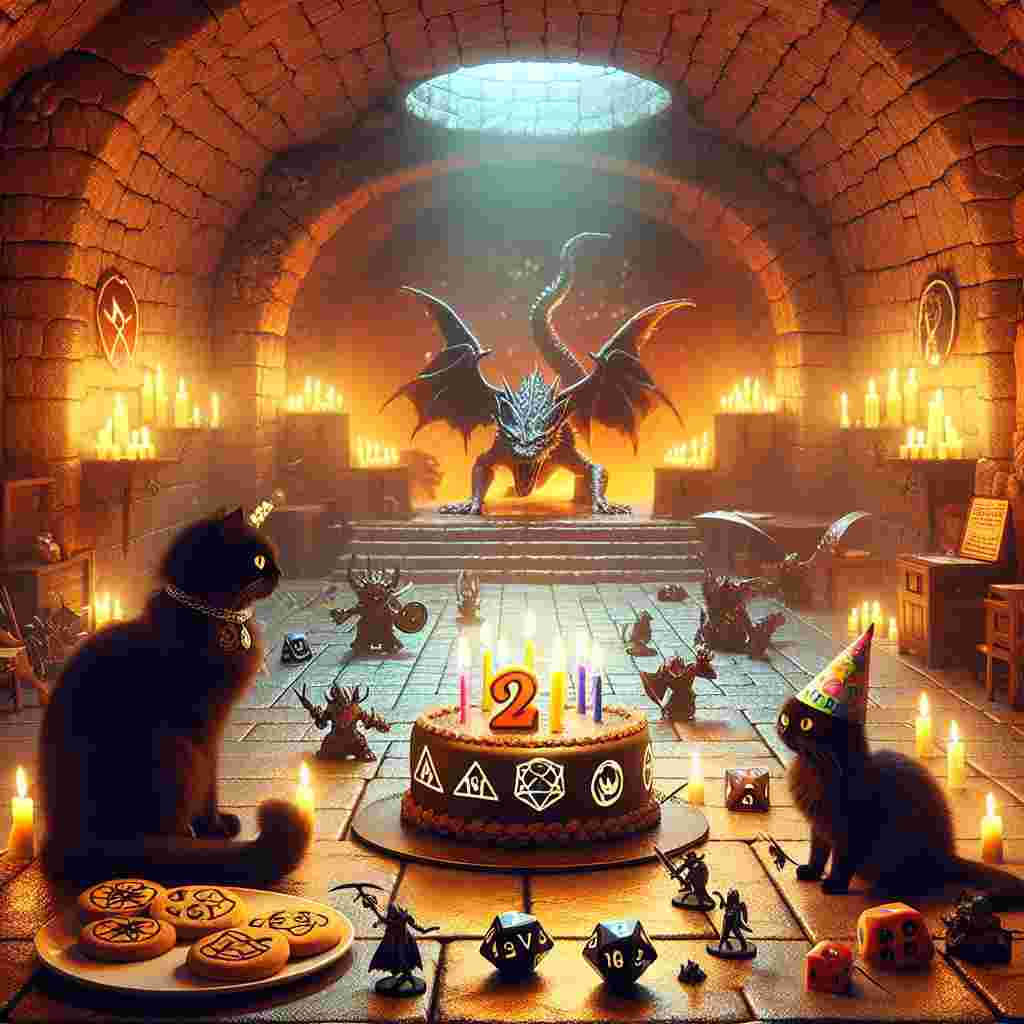 Create a birthday-themed surreal illustration of a fantastical scene. It features mystical black cats with symbols reminiscent of the metal music genre, engaged in an epic Dungeons & Dragons adventure. They sit in a time-worn, cavernous dungeon, lit by the warm flickering glow of candlelight. There are cookies shaped like dice and a cake in the shape of a dragon, outfitted with a birthday hat. Gaming miniature figures and gleaming metallic dice are scattered on the ancient stone floors. The echoes of heart-pounding metal music blend delicately with the sound of dice rolling across the floor, creating a captivating atmosphere that truly brings the gaming fantasy to life.
Generated with these themes: Black cats, Gaming, Dungeons and dragons , and Metal music .
Made with ❤️ by AI.