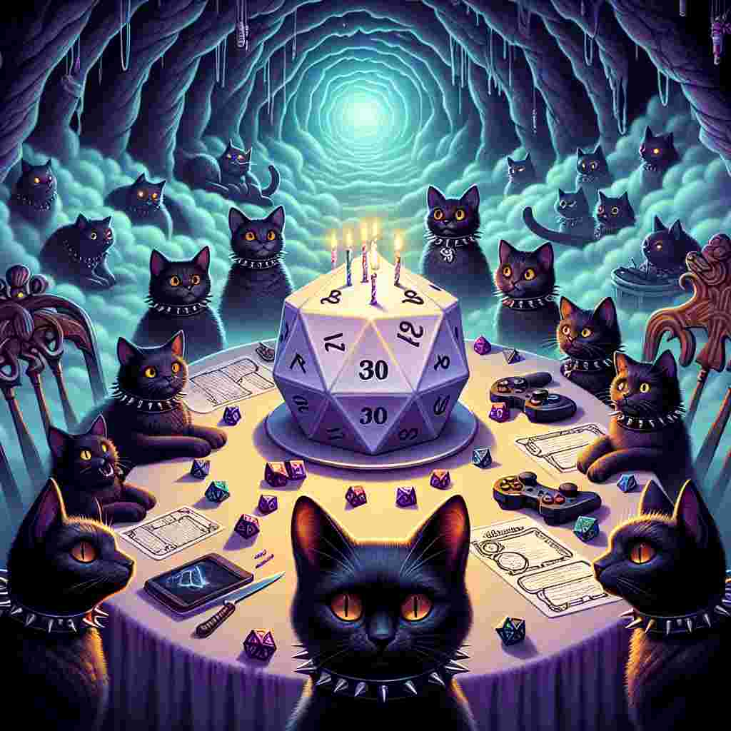 Create a surreal-style birthday-themed illustration. The scene centers around a group of black cats with studded collars, each collar adorned with small imaginary metal band logos. These cats are seated around a table set in a mysteriously ethereal space, reminiscent of a fantastical game dungeon. The table is graced by a unique cake molded to the shape of a multi-faceted Dungeons & Dragons die. Gaming controllers, dice, and character sheets are distributed around the table in a disorganized yet charming fashion. An atmospheric swirl of supernatural colors forms the backdrop, while ghostly melodies and guitar rifts from an intangible metal band permeate the air, instilling a sense of celebration into the mystical gaming fiesta.
Generated with these themes: Black cats, Gaming, Dungeons and dragons , and Metal music .
Made with ❤️ by AI.