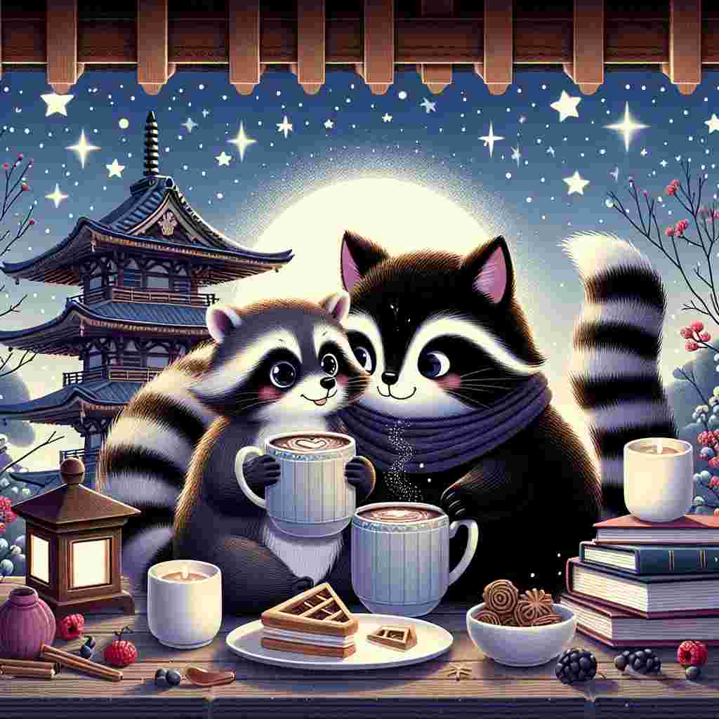 Create a whimsical Valentine's Day inspired image showcasing a playful raccoon and a sleek black cat enjoying a cozy breakfast under a sky full of twinkling stars. They are surrounded by a pile of classic love story books and they drink hot chocolate from large mugs. The backdrop features elements of traditional Japanese architecture, suggesting a calm and serene location for their romantic meeting.
Generated with these themes: Raccoon, Black cat, Books, Stars, Breakfast, Japan, and Hot chocolate .
Made with ❤️ by AI.