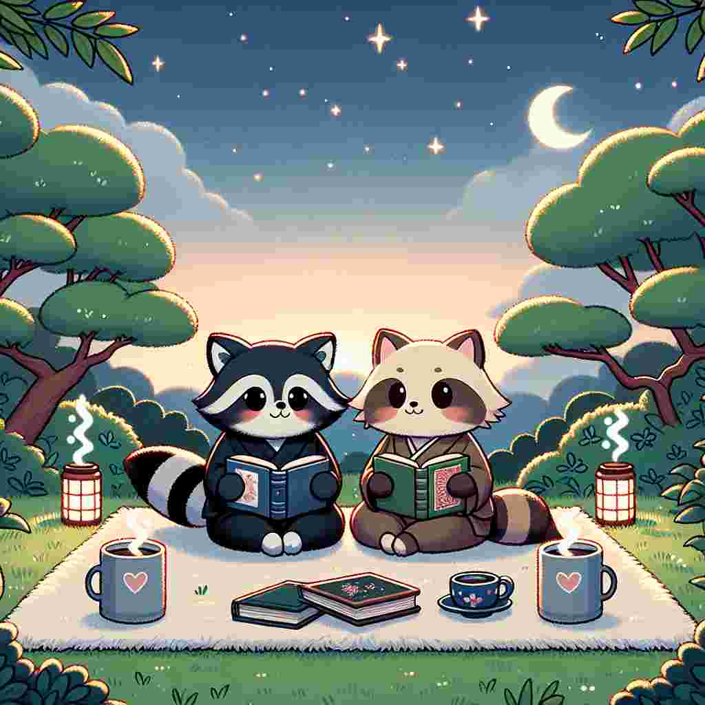 Depict a quaint Japanese garden scene at dawn, under a gently star-lit sky. On a plush grassy blanket, a charming raccoon and a black cat are depicted sitting together, engrossed in a collection of romantic novels. They have mugs of hot chocolate next to them, the stars reflected in the liquid. This is a Valentine's breakfast setup, suggesting the start of a unique kind of love story in a tranquil setting.
Generated with these themes: Raccoon, Black cat, Books, Stars, Breakfast, Japan, and Hot chocolate .
Made with ❤️ by AI.