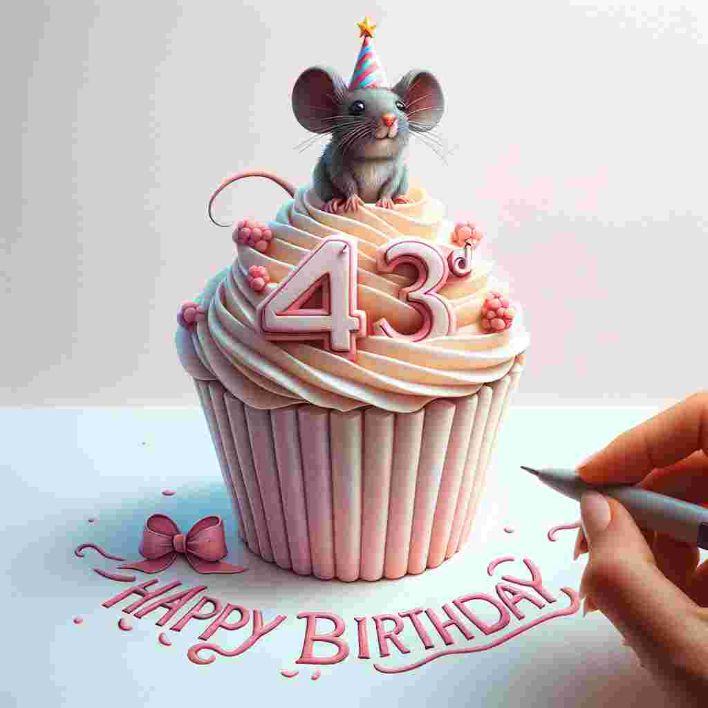 An adorable illustration of a tiny mouse in a party hat perched on a gigantic, pink frosting-topped cupcake. The cupcake wrapper prominently features the number '43rd' with each digit in a fun, stylized font. The phrase 'Happy Birthday' curves around the top of the cupcake like icing.
Generated with these themes: 43th  .
Made with ❤️ by AI.