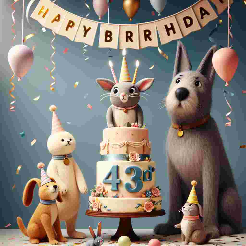 A whimsical drawing with a trio of cartoon animals wearing party hats; a cat, a dog, and a rabbit, standing around a giant, decorated cake with '43rd' on the top tier. Above them hangs a banner amidst a shower of confetti that reads 'Happy Birthday'.
Generated with these themes: 43th  .
Made with ❤️ by AI.