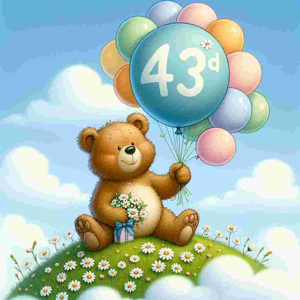 A cheerful scene featuring a fluffy brown bear holding a pastel-colored balloon cluster with '43rd' playfully inscribed on the central blue balloon. The bear sits atop a grassy hill with a sprinkle of daisies, and 'Happy Birthday' is written in the sky among soft, white clouds.
Generated with these themes: 43th  .
Made with ❤️ by AI.