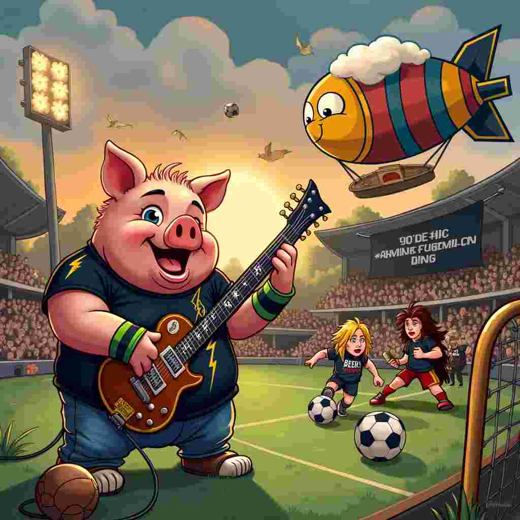 In the foreground of our scene, center stage is a comical chubby pig character, Lechonk, wearing a heavy metal band T-shirt that reads "Piggy Metal." Lechonk is holding a guitar with lightning bolt decals, rocking out with one hoof raised, as if playing an epic guitar solo. 

To the left of Lechonk, there's a giant frosty mug of beer with a face, complete with eyes and a big goofy smile, waving at Lechonk with a foam hand. The mug's handle is shaped like a football, and a little football helmet sits atop the beer's frothy head.

To the right, we have a classic wooden football goalpost draped with a black heavy metal banner, and a few soccer balls scattered around. In front of the goalpost, there's a trio of cartoonish characters in heavy metal attire—leather jackets, spiked wristbands, and long, unruly hair—kicking around a football while headbanging. 

In the background, we see a small, quaint football stadium filled with a mixed crowd: some are cheering with beer mugs, some are wearing heavy metal band merchandise, and others are soccer fans waving scarves. A stage set up on the left side of the stadium features a heavy metal band performing with wild, exaggerated expressions, complete with oversized amps and a drummer hitting cymbals shaped like beer caps.

Overhead, a colorful blimp shaped like a giant beer mug floats in the sky, towing a banner that reads, "Happy Birthday, Rock On!" On the horizon, you can see the sun setting, casting an orange glow over the scene, with silhouetted stadium lights and football flags fluttering in the breeze.

This quirky, busy scene ties all the themes together in a fun and unexpected way, full of lively characters and humorous details, perfect for a birthday greeting card.
Generated with these themes: Beer, Football, Heavy metal music , and Lechonk.
Made with ❤️ by AI.