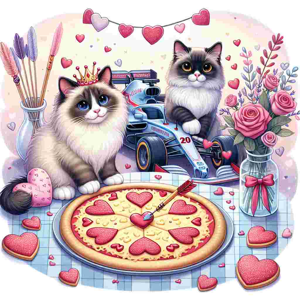 Create a charming Valentine's Day themed cartoon illustration featuring a Blue colourpoint Ragdoll cat and a Seal tabby colourpoint Ragdoll cat. They are sitting contentedly near a table where a heart-shaped pizza with cheese formed into tiny hearts is placed. In the whimsical background, a Formula 1 car decorated with Valentine's Day motifs such as cupid arrows and roses can be seen. A batch of heart-shaped cookies, placed nearby, adds a sweet detail to the picture. The cats are playfully engaged in detailing the car with ribbons and glitter, adding a unique charm to the scene.
Generated with these themes: Pizza , Cheese, Car detailing, Formula 1, Blue colourpoint Ragdoll cat, Seal tabby colourpoint ragdoll cat, and Cookies.
Made with ❤️ by AI.
