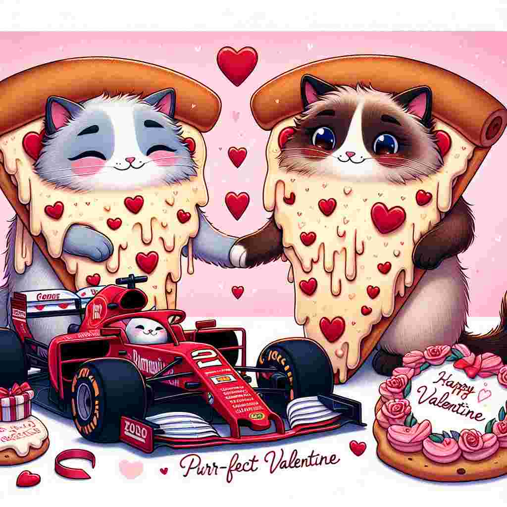 A sweet cartoon scene for Valentine's Day is depicted, featuring slices of pizza with anthropomorphic features holding hands, their melted cheese styled to resemble heart shapes. In the same frame, two Ragdoll cats – one with blue colourpoint and the other a seal tabby colourpoint - adorned in hues of romantic red and pink are playfully working on detailing a Formula 1 car with heart motifs and ribbons. Accentuating the love-filled landscape, cookies decorated with pink and red icing can be seen, lying next to a cat-shaped greeting card which reads, 'Purr-fect Valentine'.
Generated with these themes: Pizza , Cheese, Car detailing, Formula 1, Blue colourpoint Ragdoll cat, Seal tabby colourpoint ragdoll cat, and Cookies.
Made with ❤️ by AI.
