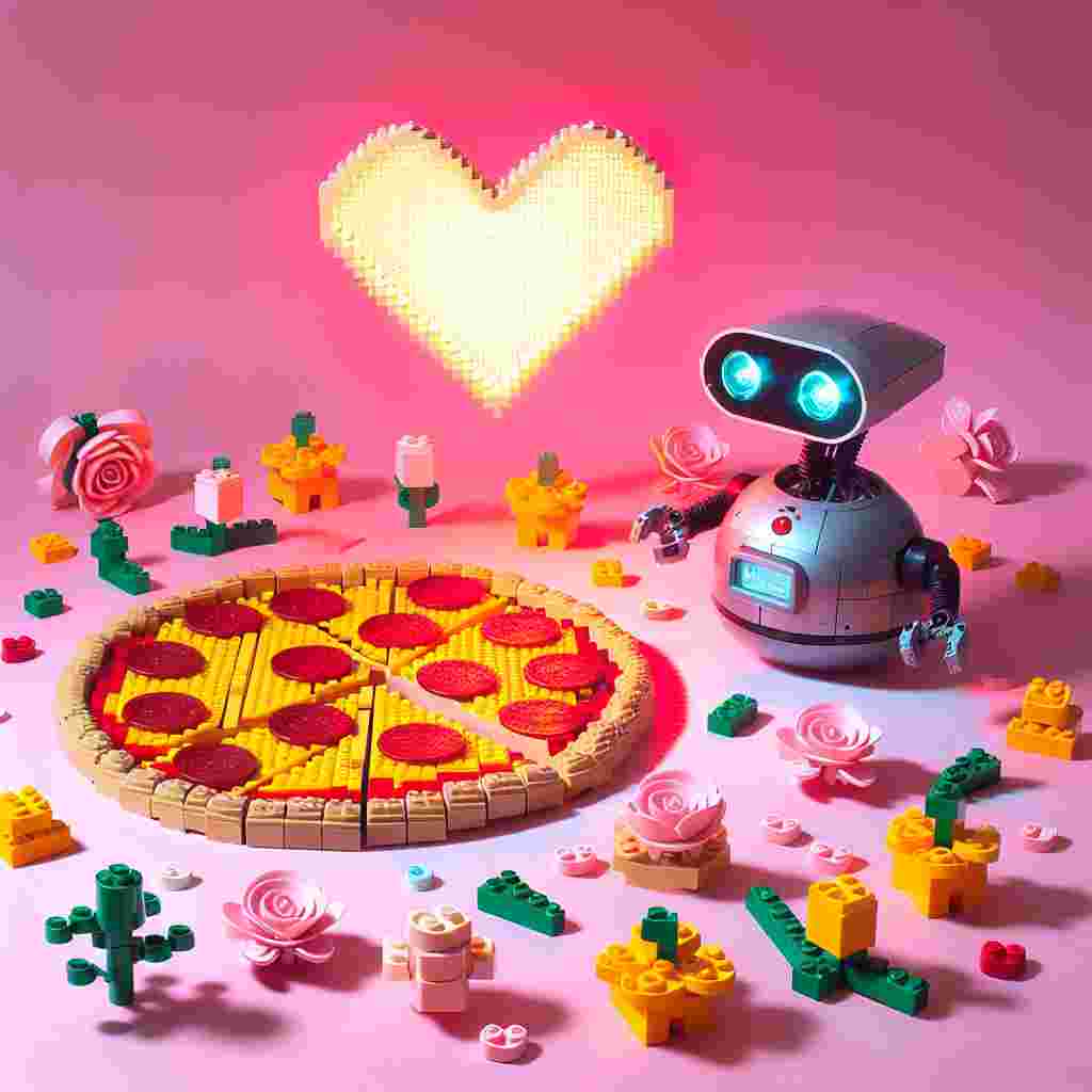 In this surreal, affectionate tableau, a Lego-type pepperoni pizza takes center stage, each pepperoni slice and cheese shred snapped together with iconic plastic bricks, emanating an unconventional charm. Beside it, a round robotic entity reminiscent of common sci-fi models stands, its projector activated to display a radiant heart symbol, adding a touch of nostalgic sentiment to the Valentine's theme. Surrounding this unusual pairing, a field of delicate pastel plastic-brick flowers blooms, completing the scene with a dreamy, ethereal quality that softens the overall visual palette.
Generated with these themes: Pepperoni pizza made from lego , R2d2 projecting a love heart, and Pastel Lego flowers in the background.
Made with ❤️ by AI.