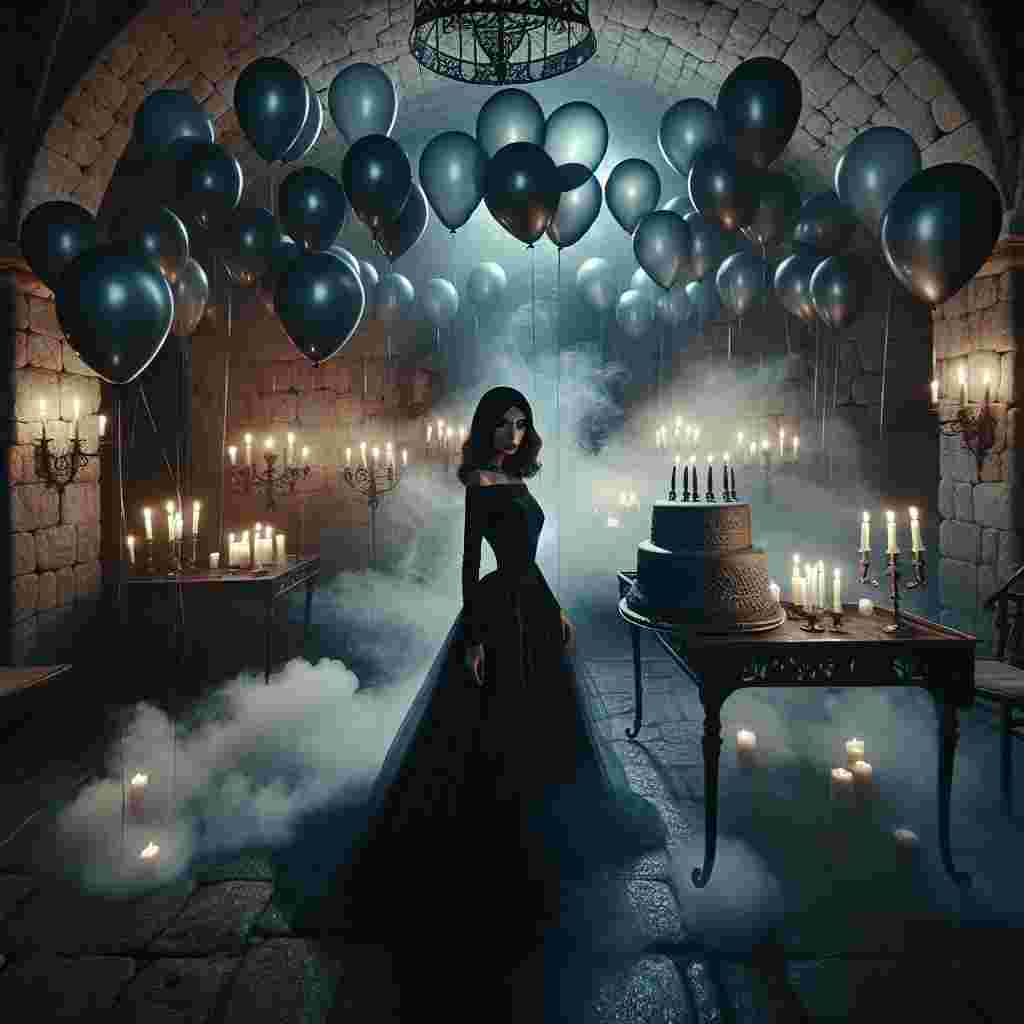 Imagine a room swathed in quiet ambiance, decorated with latex balloons in shades of dusky gray casting eerie shadows in the flickering candle-lit dungeon-like interior. A grand and majestic cake, as cold as the room's stone walls, sits untouched on an iron-wrought table. In the middle of the room, a Middle-Eastern woman, the host of the birthday celebration, stands poised and regal in a midnight black gown. She exudes an aura of somber elegance, her sharp gaze cutting through the swirling mists that weave their way across the weathered stone floor.
Generated with these themes: Latex, Dungeon, and Mistress.
Made with ❤️ by AI.