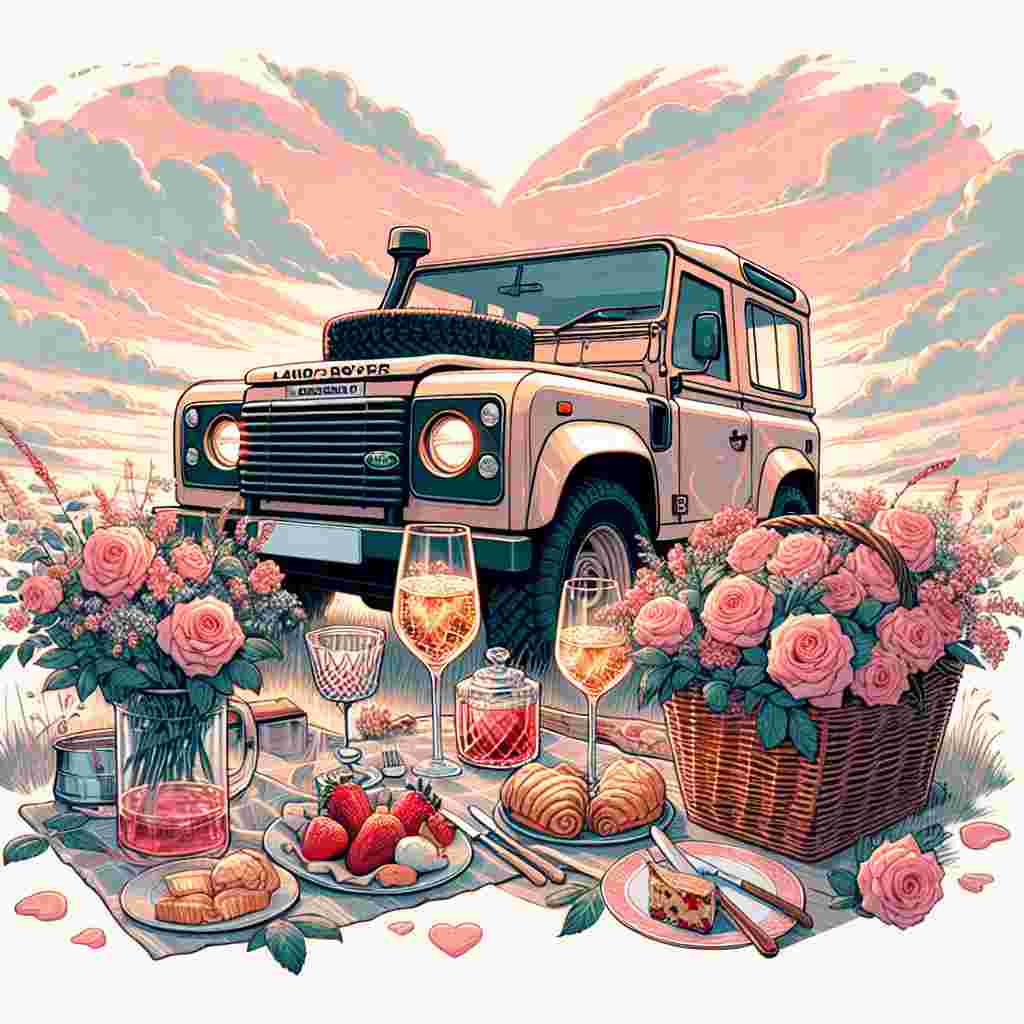 Underneath a sky adorned with pastel hues, a vintage Land Rover Defender 90 takes center stage in a Valentine's Day escapade. Posing next to the automobile is a captivating picnic setup. This includes a filled basket brimming with appetizing goodies, crystal glasses filled with bubbling cider, and a freshly picked rose bouquet, thereby conjuring an atmosphere of warmth and love. A prevalent color palette of soft pinks and lush reds underscores the ambience of deep affection throughout the illustration.
Generated with these themes: Landrover defender 90 pick Nick .
Made with ❤️ by AI.