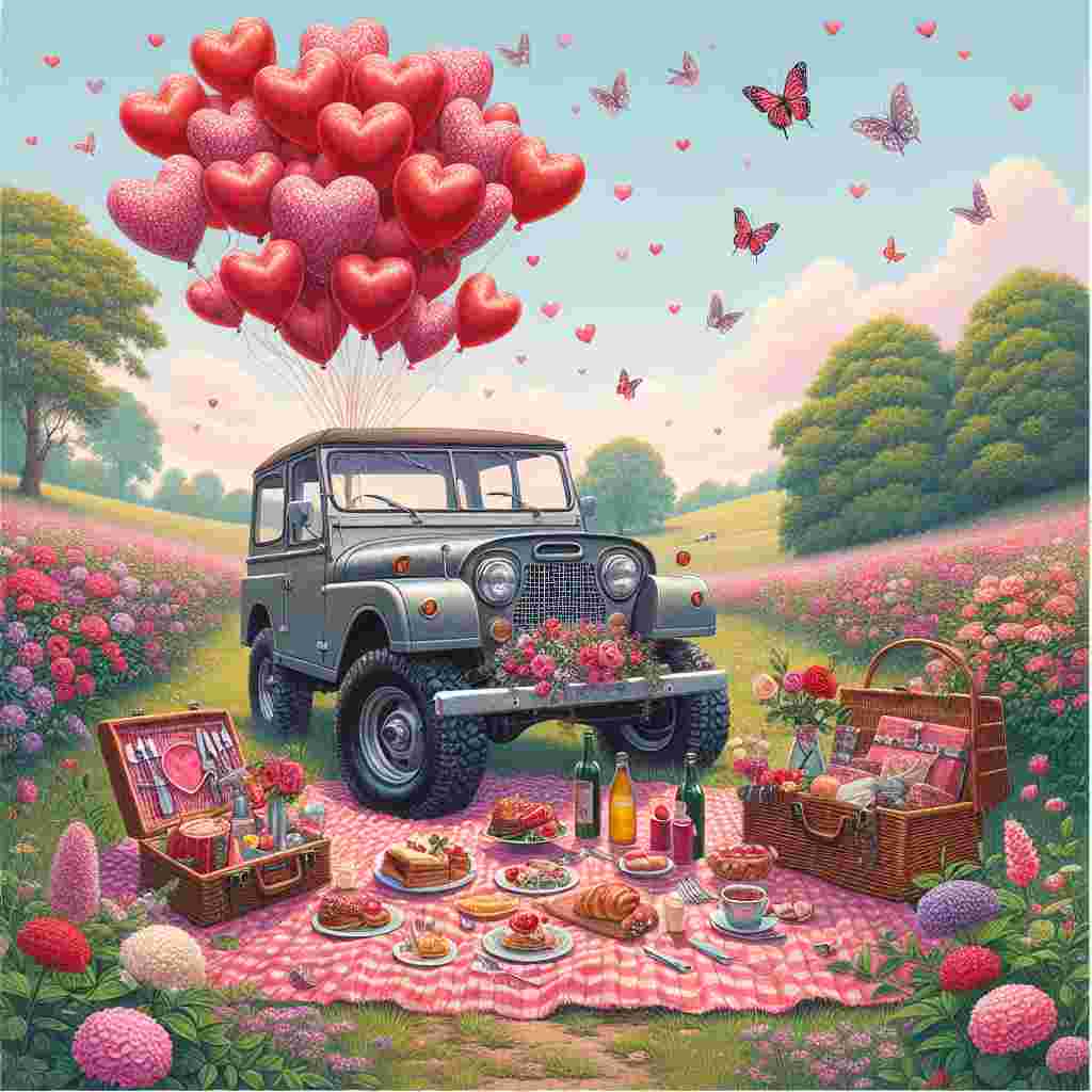 Create a whimsical, romantic illustration centered around Valentine's Day. The focal point of the scene should be a classic, rugged off-road vehicle parked in a vibrant and lush field. Set a picnic on a checkered blanket beside the vehicle, complete with various treats and drinks to celebrate the day. Decorate the vehicle with strings of charming heart-shaped balloons in shades of red and white. Surround the scene with flourishing flowers in full bloom and butterflies effortlessly floating in the air, providing a backdrop that encapsulates a countryside romantic getaway.
Generated with these themes: Landrover defender 90 pick Nick .
Made with ❤️ by AI.