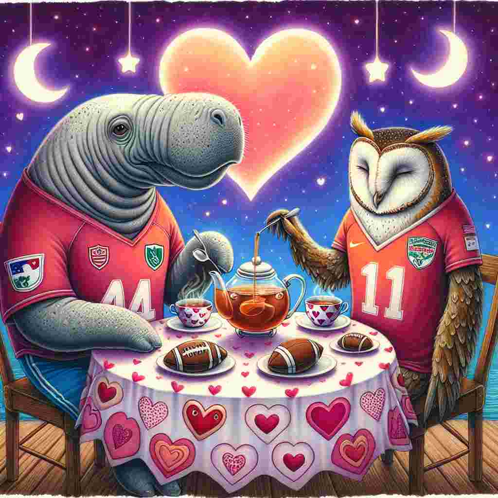 A whimsical Valentine's Day illustration showcases a tender manatee and a wise owl, each wearing jerseys symbolizing contradicting national football teams, enjoying a charming tea party under a heart-shaped, moonlit sky. Between them, a teapot pours out a stream of steeping love, surrounded by football-shaped cookies and napkins covered with heart designs. The table set up combines the diverse worlds of sports and affection in a surreal blend.
Generated with these themes: Manatee , Owl, NFL, and Tea.
Made with ❤️ by AI.