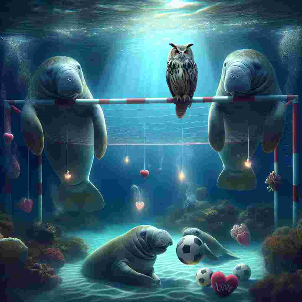Envision a tranquil underwater sports arena illuminated by a dreamy luminescence. A wise owl, acting as a neutral referee, confidently rests atop the goalpost, carefully observing a friendly interaction below. Two graceful manatees, one Hispanic male and the other Caucasian female, express their affection by sharing Valentine's gifts, which amusingly take the form of soccer balls. Above them, the water surface shimmers gently, adding to the ambiance. There is a strange and heartwarming tribute to the Japanese tea ceremony, as tea bags infused with love, attached to coral structures, slowly diffuse their content, painting the surroundings with a unique and romantic aura.
Generated with these themes: Manatee , Owl, NFL, and Tea.
Made with ❤️ by AI.