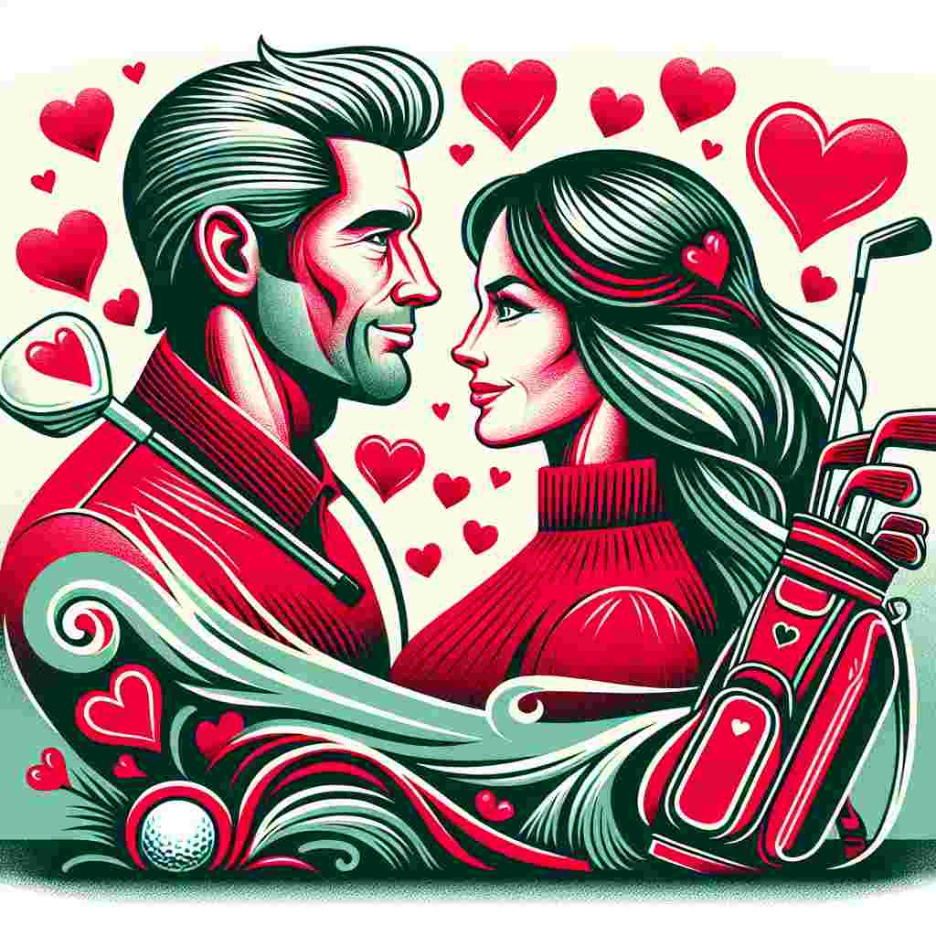 Create a Valentine's Day themed illustration representing the sport of golf. This design includes a loving couple in their 40s. The man has distinctive, bold hair and is wearing a vibrant red golf shirt. His eyes are locked with his female partner's, conveying intense emotion between them. Both individuals are surrounded by elements of golf, including a golf bag decorated with hearts. The couple is standing on a golf green that seamlessly transforms into an array of Valentine's Day decorations.
Generated with these themes: Bold hair male 40 , Golf, and Couple love.
Made with ❤️ by AI.