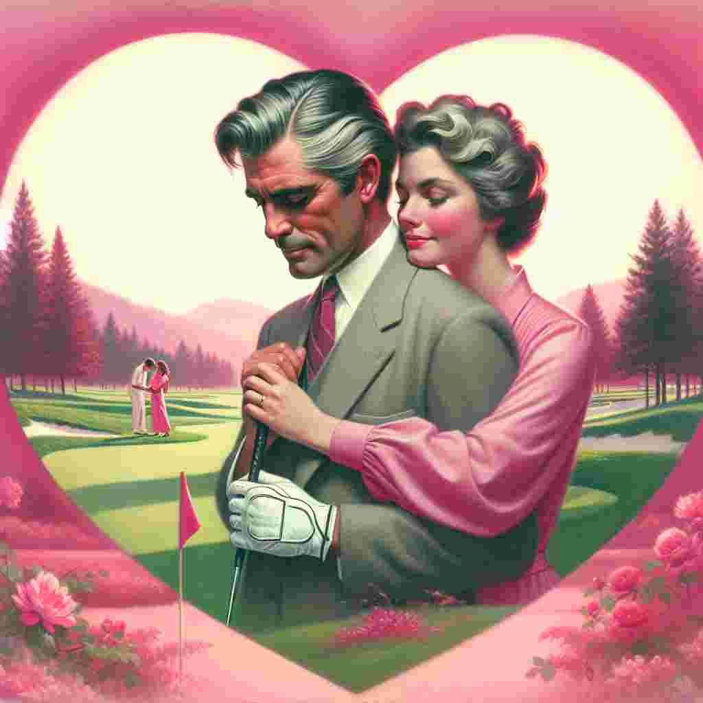A sentimental illustration painted with the tender hues of pinks and reds, characteristic of Valentine's Day, forms the scene. In the midst of this serene setting, a middle-aged man with bold hair touched with grey at the temples, stands prominently. He is adorned in traditional golfing attire while clutching a club. Alongside him, stands his partner, their arms entwined, sharing a devoted gaze that eloquently communicates their love for one another. The scenery subtly interweaves a heart motif into the vibrant green of a golf course, seamlessly integrating their mutual admiration for golf and their relationship.
Generated with these themes: Bold hair male 40 , Golf, and Couple love.
Made with ❤️ by AI.