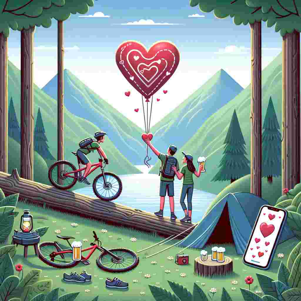 Create a heartwarming depiction of Valentine's Day in a tranquil outdoor setting. At the base of a scenic mountain, there's a snug campsite. A mountain bike is leaning against a tree, festooned with heart-shaped balloons. A pair of lovers, of mixed descents, are mutually lifting beer glasses near a tent, with their gym clothes air-drying on a line. A mobile phone is casually placed on a fallen log, the screen presenting a heart-shaped bicycle trail they've recently navigated, symbolizing the paths of love they're treading.
Generated with these themes: Mountain bike , Gym, Beer, Mobile phone, and Camping.
Made with ❤️ by AI.
