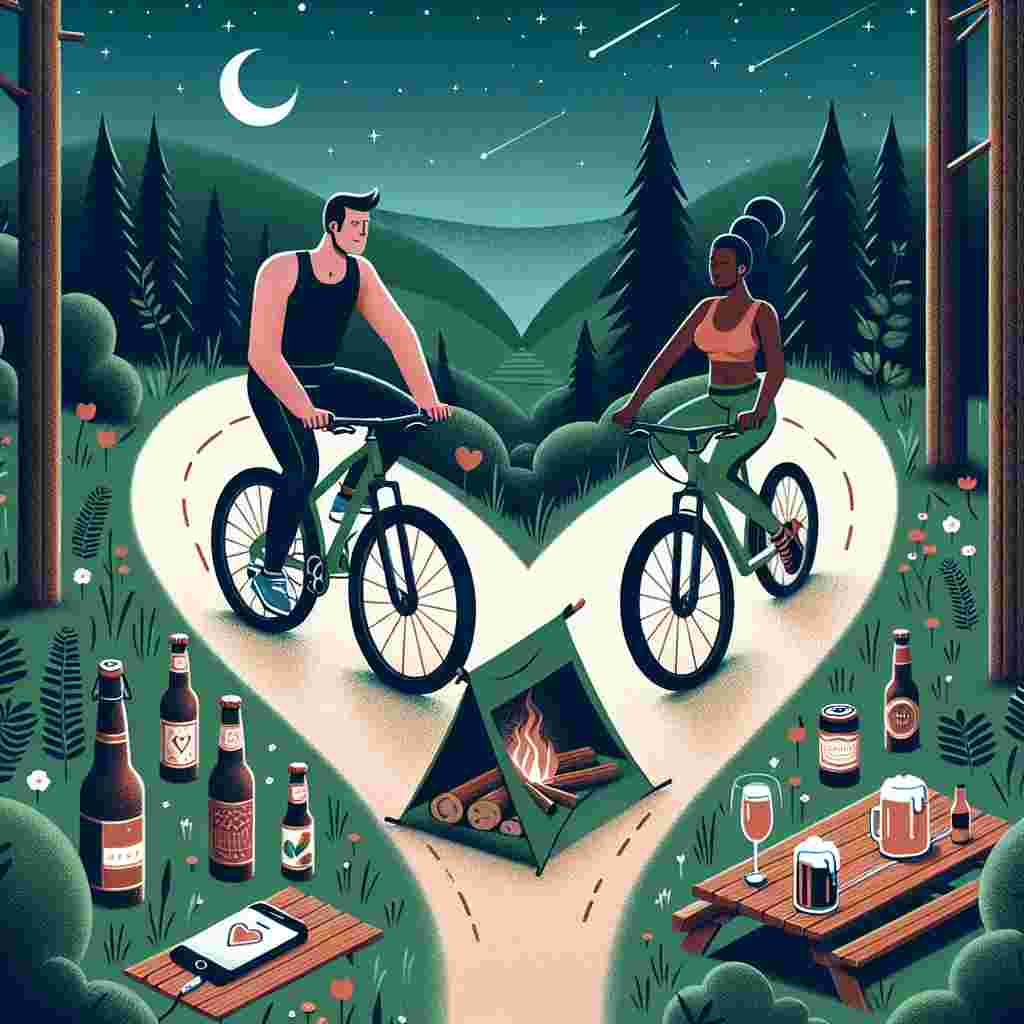 A romantic Valentine's Day illustration with a Caucasian man and a Black woman biking on a heart-shaped trail amidst forest wilderness. They are both dressed in sports clothing, indicating their affection for fitness. Nestled discreetly around the tranquil campsite are rustic bottles of craft beer with a smartphone nearby, playing melodious romantic songs. This scene hints at an intimate camping adventure beneath a star-studded night sky.
Generated with these themes: Mountain bike , Gym, Beer, Mobile phone, and Camping.
Made with ❤️ by AI.