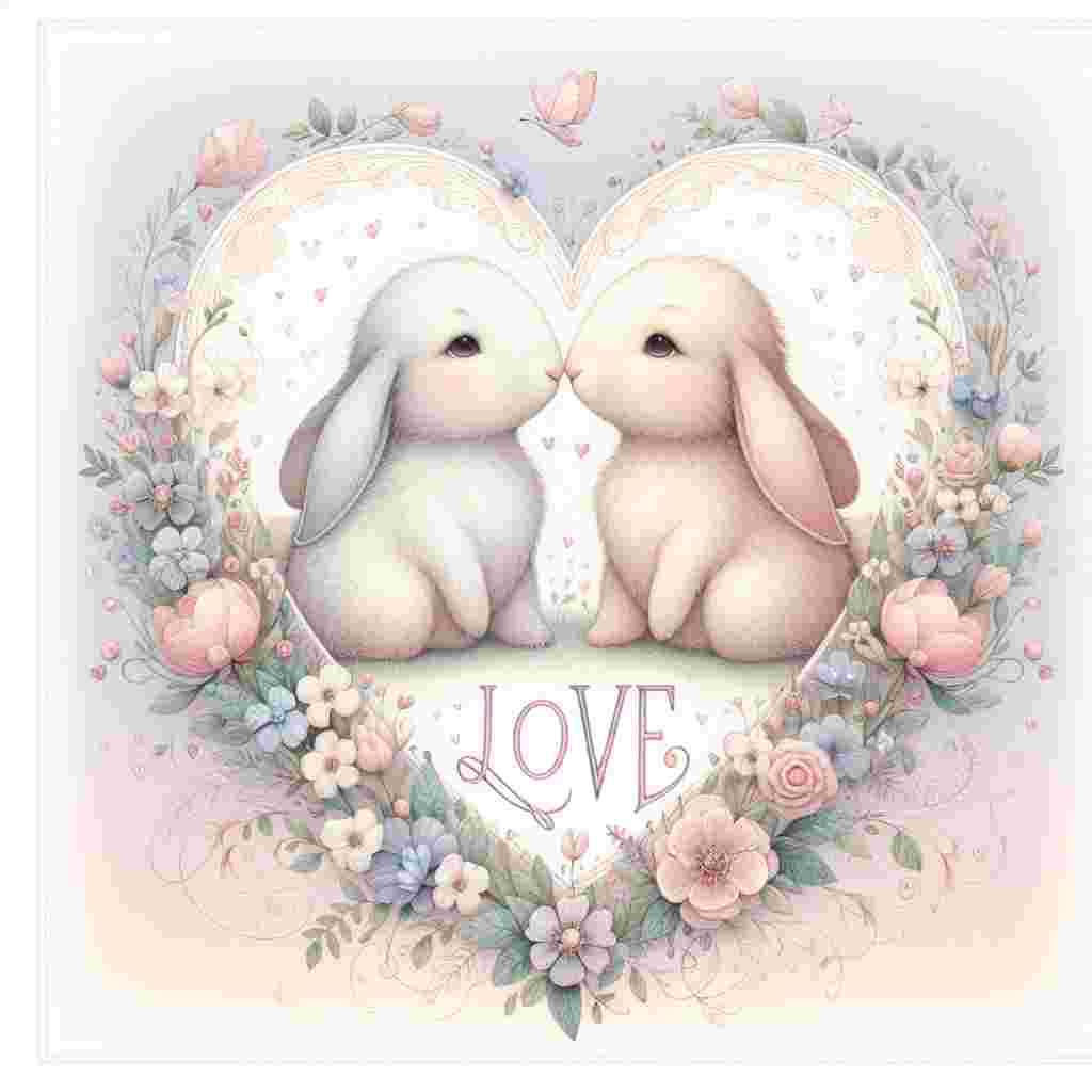 Create a whimsical illustration showcasing two adorable animals, say two fluffy rabbits, leaning in for a gentle kiss. The entire scene is encapsulated within a heart-shaped border, filled with delicate flowers and adorned in hues of soft pastel. Floating above the animals is the word 'Love', scripted in an elegant, curvy font style, as if smoothly carried by a gentle wind, driving home the theme of Valentine's Day.
Generated with these themes: Love .
Made with ❤️ by AI.