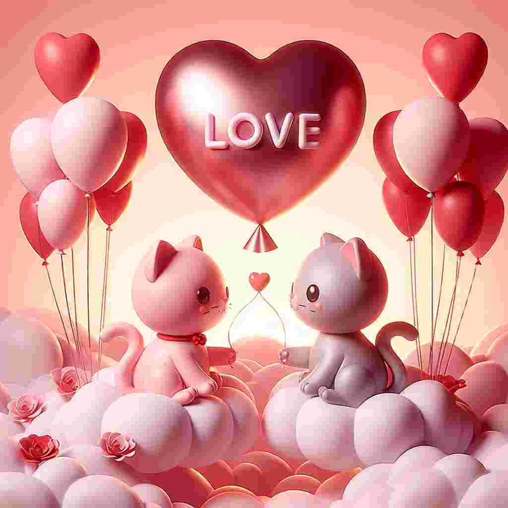 Render an appealing image that portrays two cartoon-style kittens seated on a cloud, their tails intertwined to fashion a heart. Surround them with balloons in hues of pink and red, the centerpiece balloon prominently bears the word 'Love'. The backdrop showcases a blush-tinted sky, which hints at a dreamy sunset, infusing romance and warmth to the entirety of the Valentine's day art piece.
Generated with these themes: Love .
Made with ❤️ by AI.