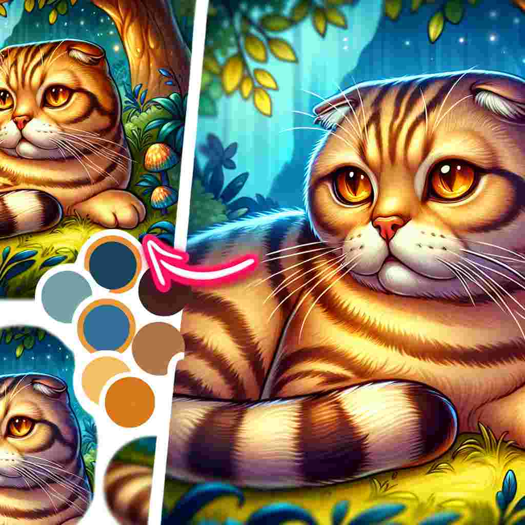 Create a lively cartoon fantasy scene showcasing an adult Scottish Fold Cat. The cat possesses a golden, striped coat and unique folded ears, signs of its breed. Its amber eyes are a striking contrast, glowing with intelligence. The cat is comfortably lounging, its stature reflecting common build but its aura exudes an unspoken nobility, positioning it as the undisputed ruler of this fantastical environment.
.
Made with ❤️ by AI.