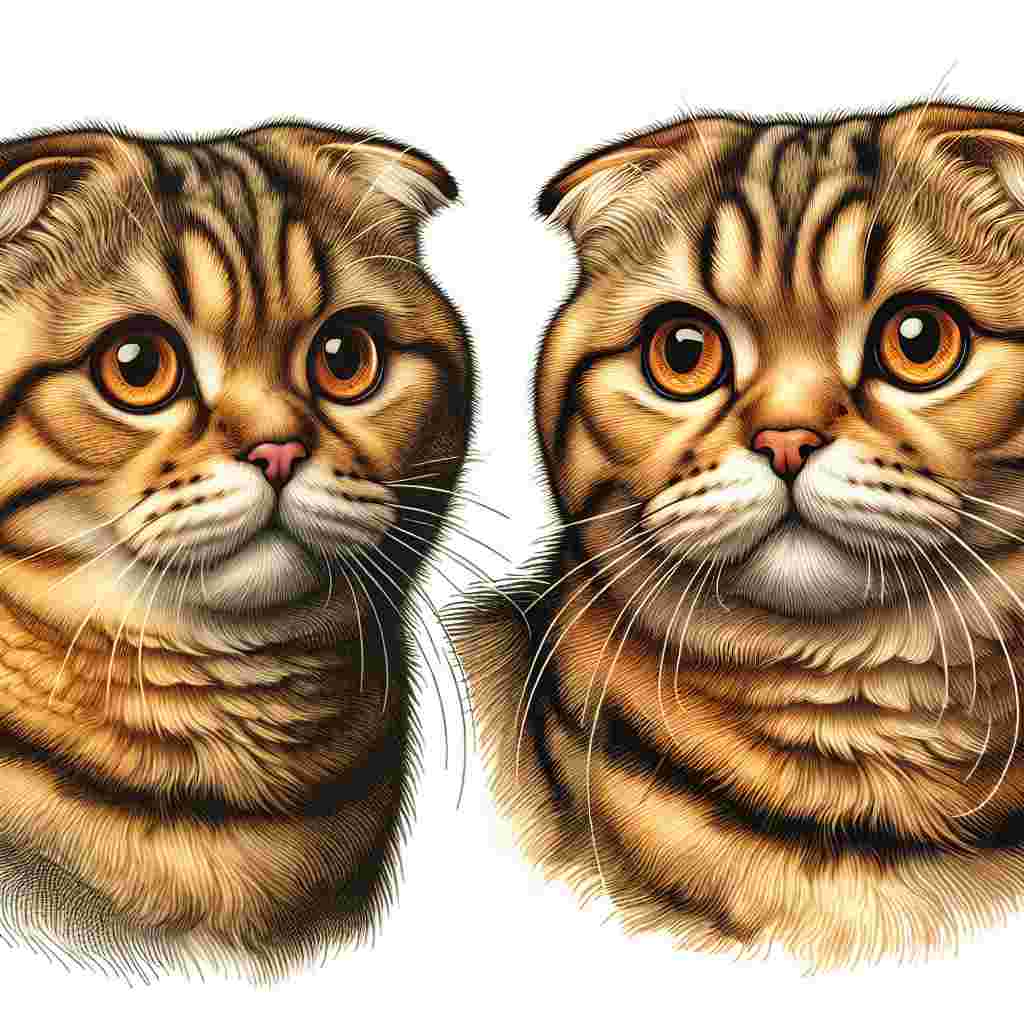 Create an image based on a whimsical drawing style featuring an adorable adult Scottish Fold Cat as the main subject. The cat should have distinctive folded ears and large amber eyes that display a spark of curiosity. Its golden coat should shimmer under the perceived sunlight, and it should be adorned with dark, elegant stripes which serve as a natural camouflage. The cat should have a normal build and a nonchalant posture, exuding an aura of grace mixed with playful mischief.
.
Made with ❤️ by AI.