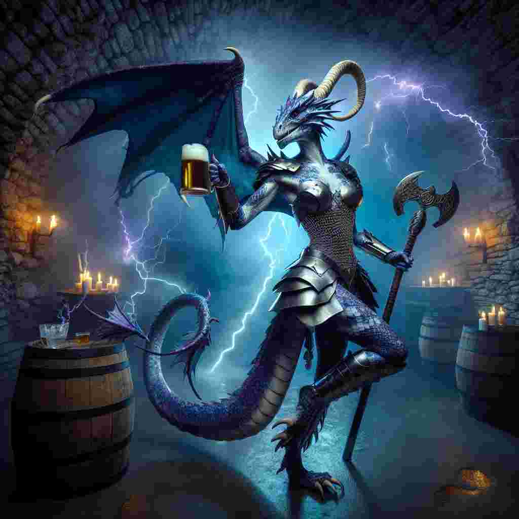 In the eerie atmosphere of a surreal dungeon-themed birthday party, a powerful dragon-woman reigns supreme. Her unique elegance radiates from her body covered in purple and blue scales, her slender physique enhanced by a beautiful pair of horns. Her muscular tail, partially armoured in woven metallic chainmail, sways gently, adding to her character. She effortlessly carries a pitcher of beer in one hand, injecting an interesting aspect of merriment into the somber surroundings. The environment bristles with energy, with random lightning strikes casting an intense illumination on the scene. With pride, she raises her battle axe, a symbol of both safeguard and celebration.
Generated with these themes: Female humanoid dragon, Purple and blue scales, Horns, Dragon tail, Chainmail armour, Beer pitcher, Dungeon, Lightning , and Weilding a battle axe.
Made with ❤️ by AI.