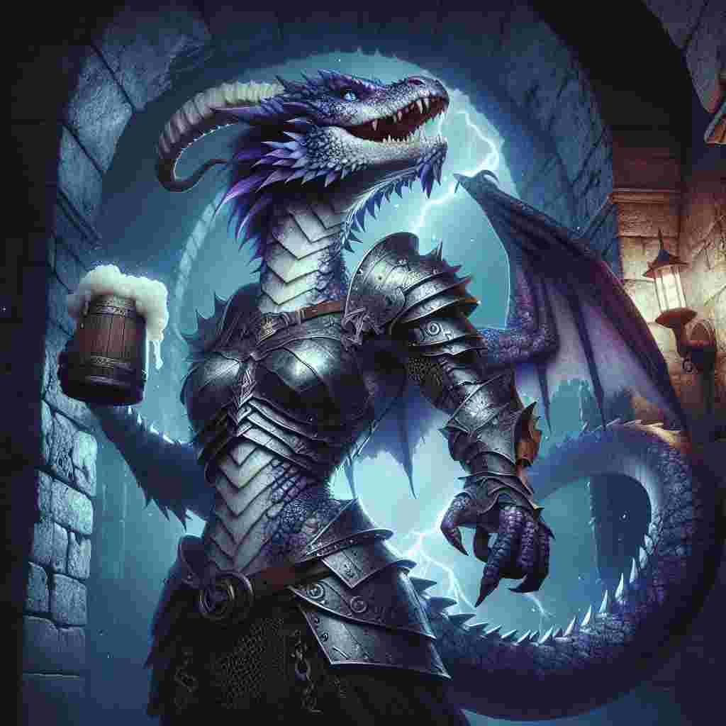 In the heart of a dimly lit dungeon, a tall female humanoid dragon with Middle-Eastern features is enjoying her birthday celebration. Her scales shimmer in shades of purple and blue, with sharp horns peeking through the gloom. A dragon tail swishes behind her, perfectly matching the rugged yet intricately designed chainmail armour that drapes over her formidable frame. In her claws, she holds a hefty beer pitcher, a frothy toast to her timeless existence. Lightning sporadically emanates from cracks in the dungeon walls, casting light on her fierce expression as she wields a battle axe, ready to tackle the trials of the upcoming year.
Generated with these themes: Female humanoid dragon, Purple and blue scales, Horns, Dragon tail, Chainmail armour, Beer pitcher, Dungeon, Lightning , and Weilding a battle axe.
Made with ❤️ by AI.