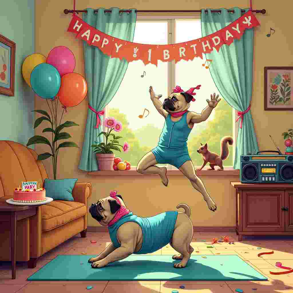 The front cover of this birthday greeting card presents an uproarious, highly detailed scene set in a cozy, brightly-lit living room. At the center, a plump Pug and a sleek, athletic Labrador are deeply engrossed in a lively Pilates session. The Labrador, donned in an amusingly tight, neon pink headband and matching leg warmers, is gracefully perched in the "Downward Dog" position on a vivid turquoise yoga mat. Beside him, the Pug, wrapped in a comically oversized, electric blue leotard, is valiantly attempting the "Happy Baby" pose, limbs akimbo and tongue lolling in a hilariously determined expression.

In the background, a retro-style boombox sits atop a vintage, wooden coffee table, blasting energetic 80s aerobics music, with musical notes whimsically illustrated in mid-air. Scattered around the scene are props adding to the birthday theme: colorful balloons tied to the boombox, a half-eaten birthday cake with "Happy Birthday" in frosting precariously perched on the edge of a nearby plush sofa, and a sprinkling of confetti strewn across the polished wooden floor.

A large, cheerful birthday banner arches across the room, attached to the walls, with hand-drawn, paw-printed designs, making it clear this is a celebratory event. To the side, an open window reveals a sunny day, with a garden full of blooming flowers and a squirrel watching the scene with bemused curiosity. Every element, from the playful patterns on the wallpaper to the detailed textures of the dogs' fur, is intricately illustrated, ensuring a rich and humorous storytelling experience.
Generated with these themes: Pug, Labrador, and Pilates.
Made with ❤️ by AI.