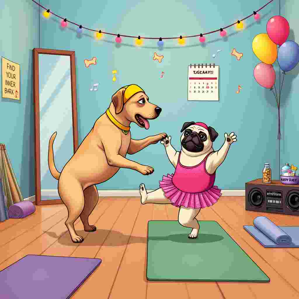 Sure, here's a detailed description of the scene for the birthday greetings card:

The front cover of the card depicts a lively and humorous indoor Pilates studio. The walls are painted a soothing pastel blue, adorned with motivational posters like "Find Your Inner Bark" and "Stay Pawsitive." On the polished wooden floor, we see an enthusiastic Labrador named Max, who is wearing a bright yellow headband and a matching sweatband around one paw. He’s positioned in a perfect Downward Dog pose, with his tail high in the air and his tongue lolling out happily.

To Max's right is a plump Pug named Daisy, who is attempting a complicated Pilates move – the Teaser pose. Daisy’s short, stubby legs are wobbling as she balances on her backside, her expression one of sheer determination. She’s decked out in a miniature hot pink leotard with a little tutu skirt, and she too has a headband, but hers is glittery and sparkly.

In the background, there's a tall mirror reflecting their antics, making the scene even more vibrant. Yoga mats of various colors are scattered around, with a couple of mats rolled up in a corner. Next to the mats, a small basket of doggy treats and water bottles can be seen, labeled "Stay Hydrated, Pups!"

Hanging from the ceiling are string lights shaped like bones and tennis balls, giving the studio a whimsical touch. On one side, there’s a stereo system with music notes emanating from it, indicating that upbeat music is playing. To add a touch of birthday celebration, there are colorful balloons and a banner that reads "Happy Barkday!" strung across the room.

Lastly, a calendar on the wall shows today's date circled in red, emphasizing that it’s a special day. The overall scene captures a humorous and energetic moment, with Max and Daisy fully immersed in their canine Pilates session.
Generated with these themes: Pug, Labrador, and Pilates.
Made with ❤️ by AI.