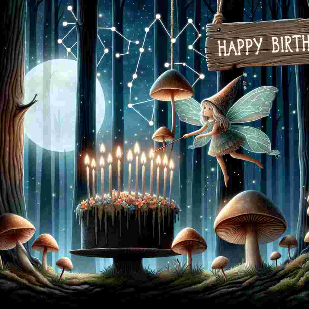 An illustration of a mystical forest with a clear night sky where the pattern of the Aquarius constellation is visible. At the center, a sweet fairy resembling the Aquarius symbol is lighting candles on a whimsical mushroom birthday cake. The 'Happy Birthday' greeting is inscribed on a rustic wooden sign hanging from a tree branch.
Generated with these themes: Aquarius Birthday Cards.
Made with ❤️ by AI.