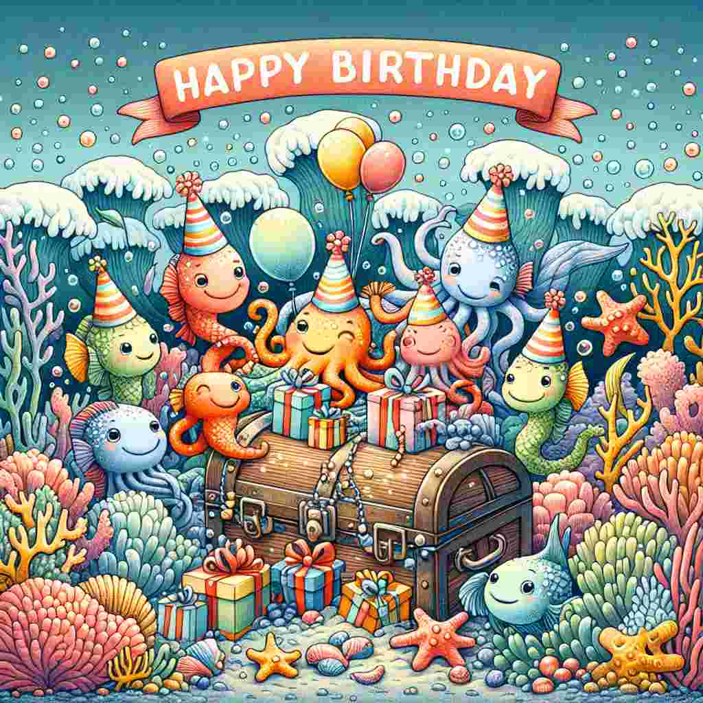 This birthday card illustration depicts a charming scene with a group of cute aquatic animals wearing party hats, representing the Aquarius sign. They are gathered around a present-filled treasure chest under the sea, with coral and seaweed decorations. 'Happy Birthday' is gracefully integrated into the ocean waves at the bottom of the card.
Generated with these themes: Aquarius Birthday Cards.
Made with ❤️ by AI.