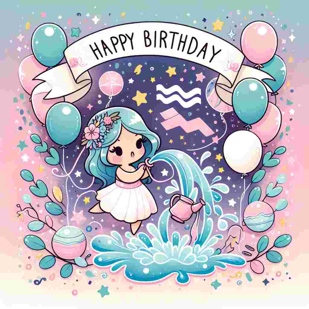 A whimsical birthday card showcasing a cute water-bearer, the symbol of Aquarius, surrounded by pastel-colored balloons and confetti. The water bearer is playfully splashing water, with stars twinkling around. The words 'Happy Birthday' are written in a flowing script atop a banner that stretches across the top of the scene.
Generated with these themes: Aquarius Birthday Cards.
Made with ❤️ by AI.