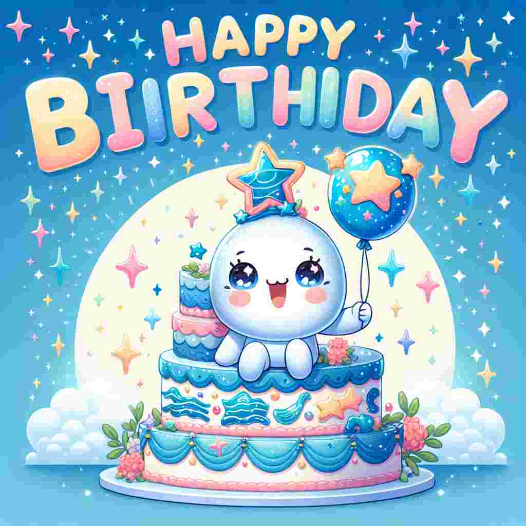 The illustration features an adorable cartoon aquarius sitting atop a tiered cake, holding a star-shaped balloon. The cake is adorned with the constellation of Aquarius and the card is sprinkled with glittering stardust. Above the scene, 'Happy Birthday' is spelled out in cheerful, bold lettering against a sky-blue background.
Generated with these themes: Aquarius Birthday Cards.
Made with ❤️ by AI.