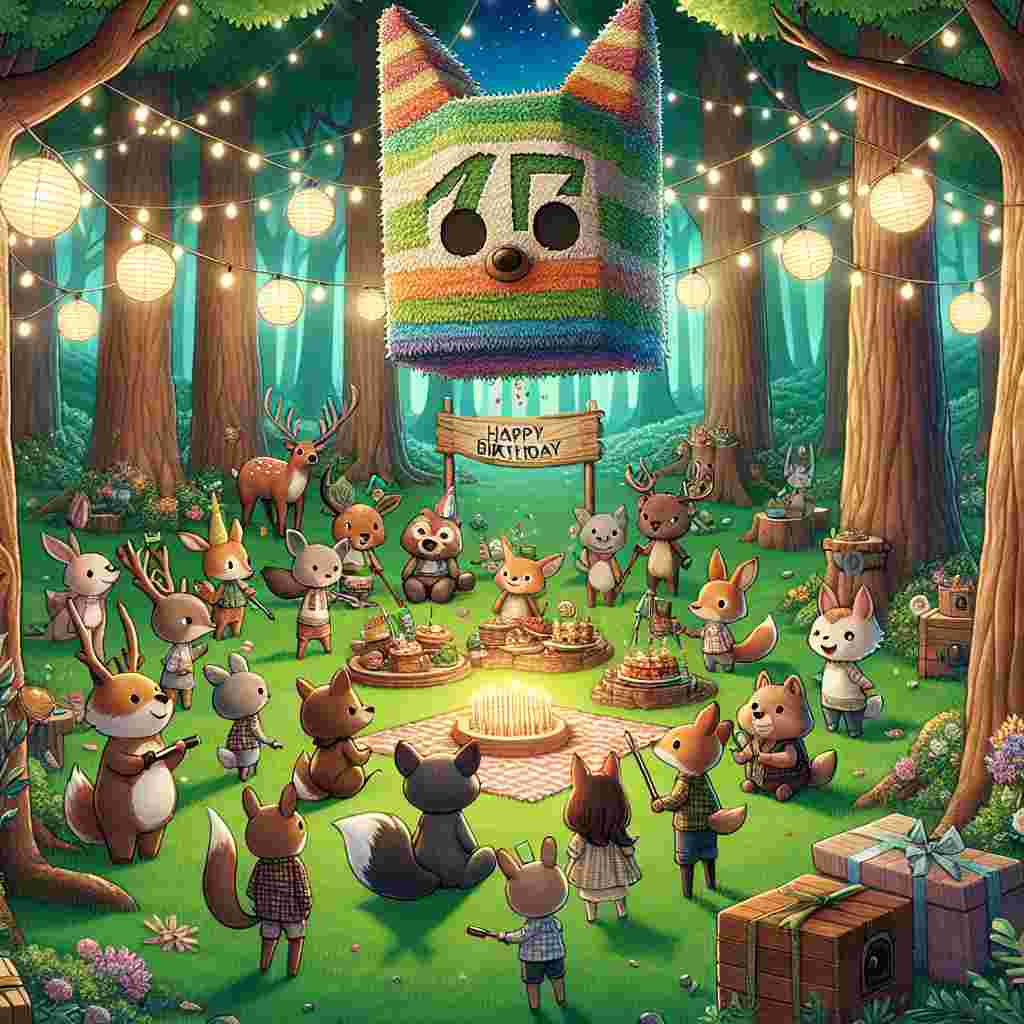 An adorable scene of a whimsical forest clearing, with cartoonish woodland creatures arranging a picnic around a large '47' shaped piñata. Strings of fairy lights and paper lanterns decorate the trees, and the festive greeting 'Happy Birthday' is etched onto a wooden sign at the scene's forefront.
Generated with these themes: 47th  .
Made with ❤️ by AI.