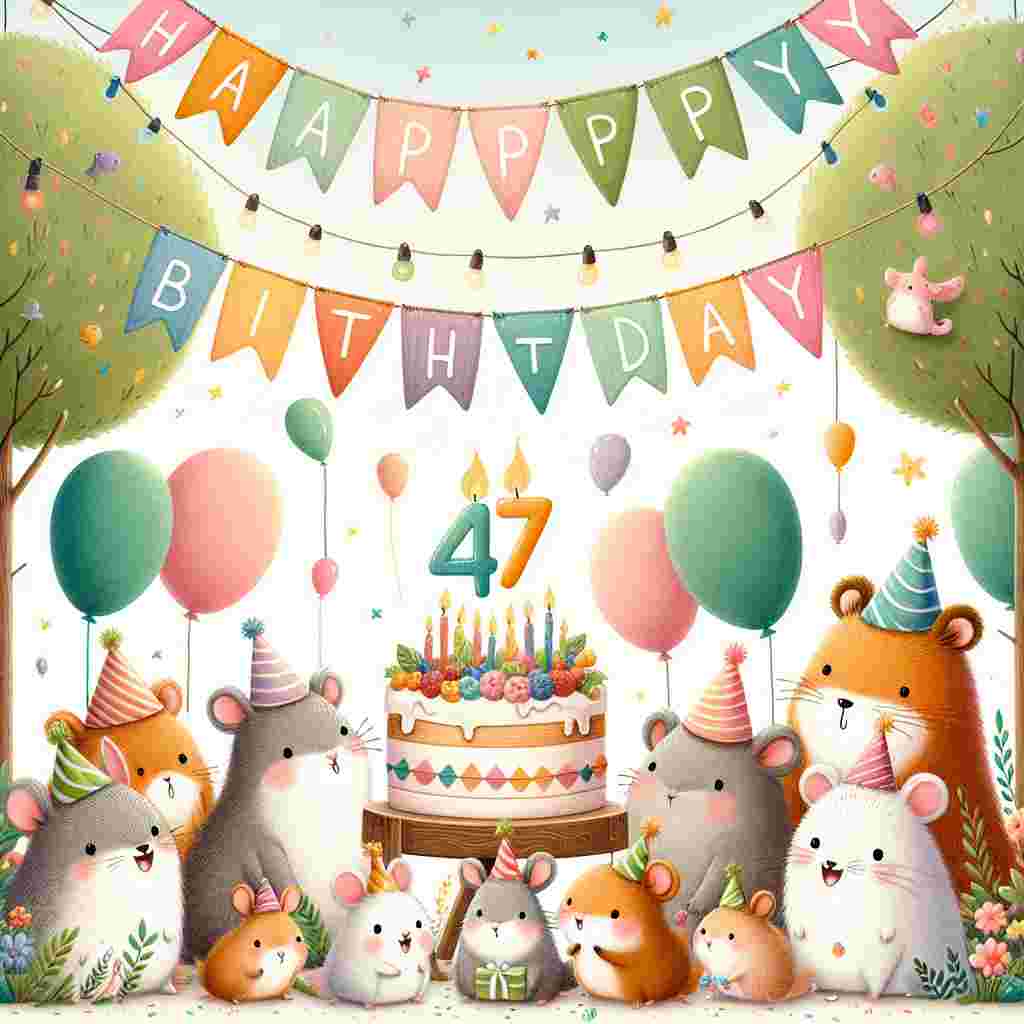 A charming illustration featuring a cozy garden party with small animals wearing party hats, gathered around a cake with the number '47' on top. The animals are joyfully singing as balloons float around, and the words 'Happy Birthday' hang above in colorful, playful lettering.
Generated with these themes: 47th  .
Made with ❤️ by AI.