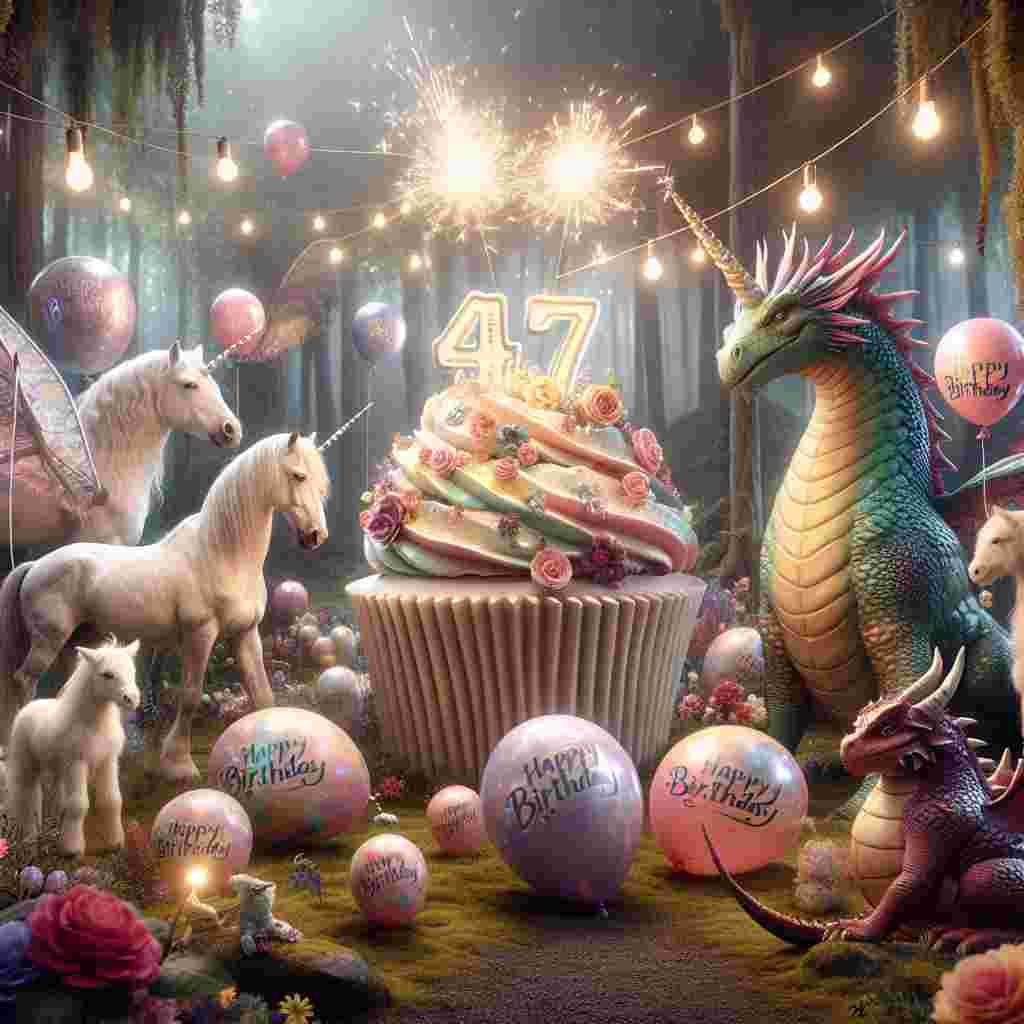 A fantasy illustration showing a group of mythical creatures like unicorns and dragons, each holding a balloon with a letter to spell out 'Happy Birthday'. They are arranged around a giant cupcake topped with a sparkler in the shape of '47', set in an enchanted glade with flowers and soft, magical lighting.
Generated with these themes: 47th  .
Made with ❤️ by AI.