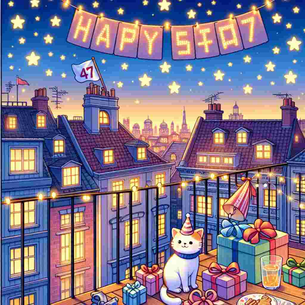 A cute cityscape at dusk, with pastel-colored buildings and a rooftop set for a celebration. A banner with the number '47' flutters in the wind, and a cat in a party hat sits next to a pile of gifts. In the twilight sky, stars form the twinkling message, 'Happy Birthday'.
Generated with these themes: 47th  .
Made with ❤️ by AI.