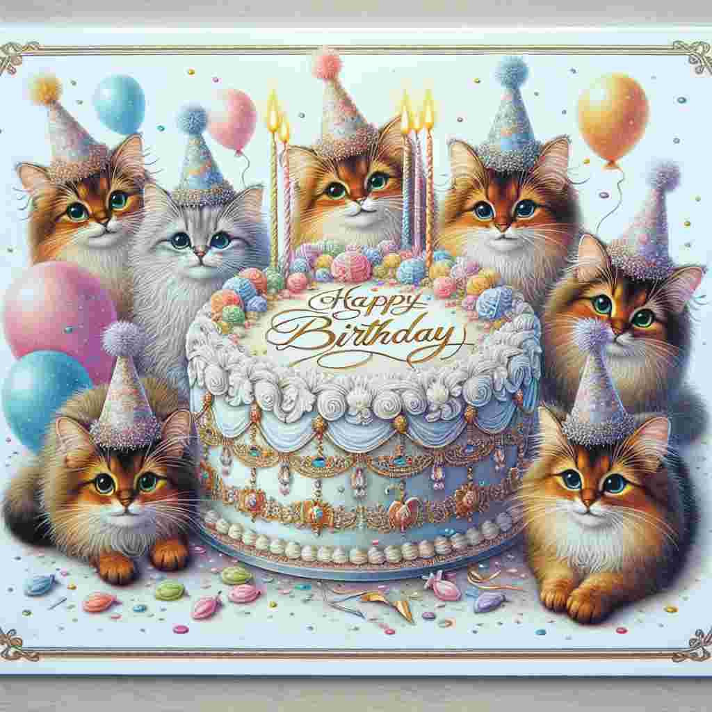A delightful birthday card featuring fluffy Somali cats wearing party hats surrounding a large, beautifully decorated cake with 'Happy Birthday' written in elegant script across the top. Balloons and confetti add a festive touch to the scene.
Generated with these themes: Somali Birthday Cards.
Made with ❤️ by AI.