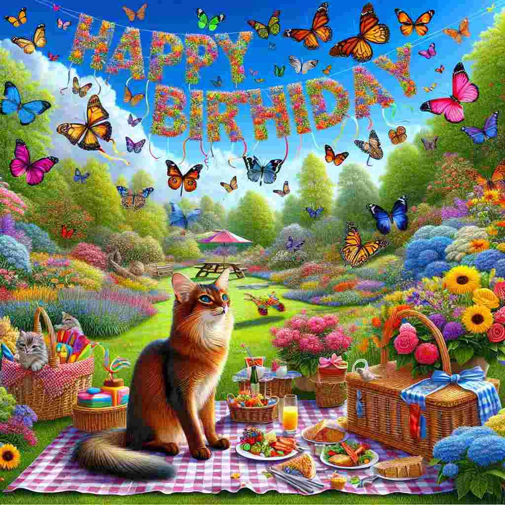 A vibrant outdoor setting on the card depicts Somali cats in a garden, with butterflies and flowers, all gathered around a birthday picnic setup. 'Happy Birthday' is spelled out in the sky with colorful kite strings.
Generated with these themes: Somali Birthday Cards.
Made with ❤️ by AI.