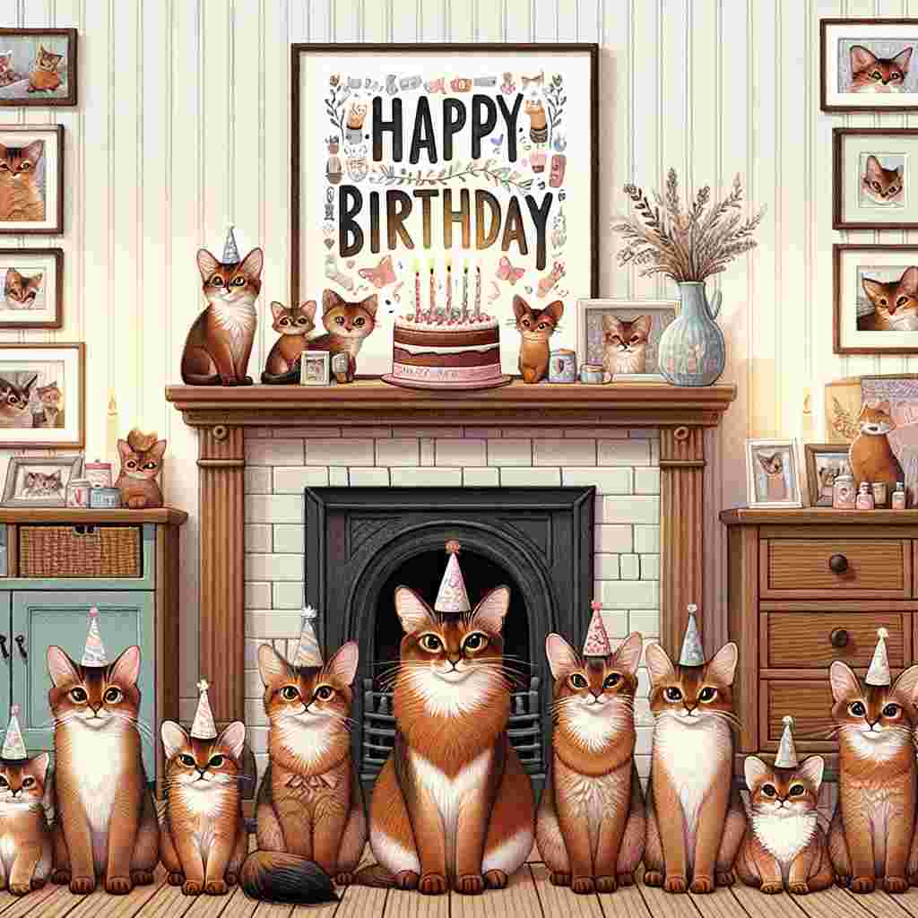 An illustration of a warm party scene at home with a family of Somali cats wearing tiny birthday hats. A fireplace mantel showcases 'Happy Birthday' amongst framed photos, with a cat-friendly cake on the table.
Generated with these themes: Somali Birthday Cards.
Made with ❤️ by AI.