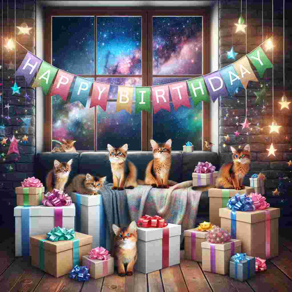 The card portrays a cozy room with Somali kittens playing amidst gift boxes, a 'Happy Birthday' banner draped across the wall. A window shows a starry night, adding a magical feel to the birthday celebration scene.
Generated with these themes: Somali Birthday Cards.
Made with ❤️ by AI.