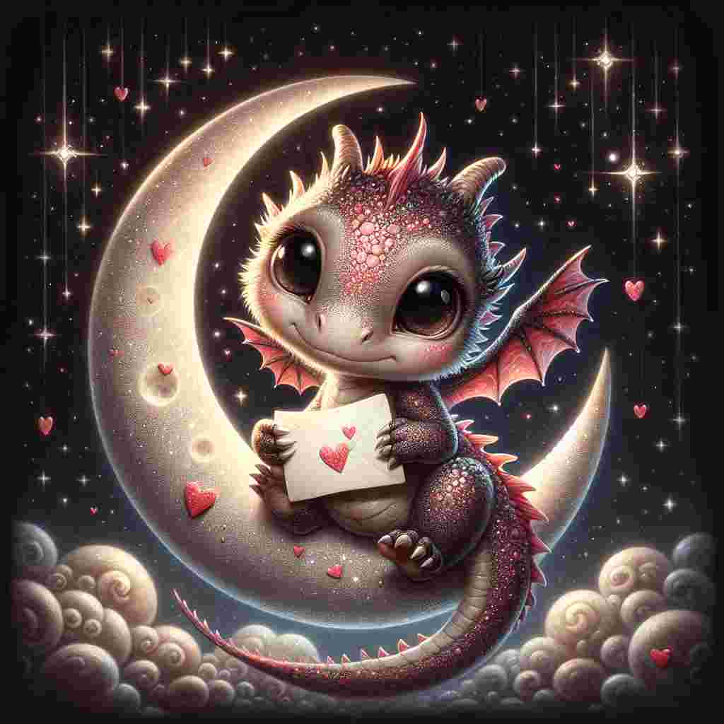 Picture a starlit evening where a small, endearing dragon with large, innocent eyes perches atop a crescent moon. Its scales shimmers subtly with hues of pink and red, evoking the feel of Valentine's Day. In its tiny paws, the dragon gently holds a handmade Valentine card, presenting it out as if offering its affection. The scene behind is speckled with glittering stars and drifting soft-edged clouds giving the entire scenery a feeling of magical charm and romance.
Generated with these themes: Dragon.
Made with ❤️ by AI.