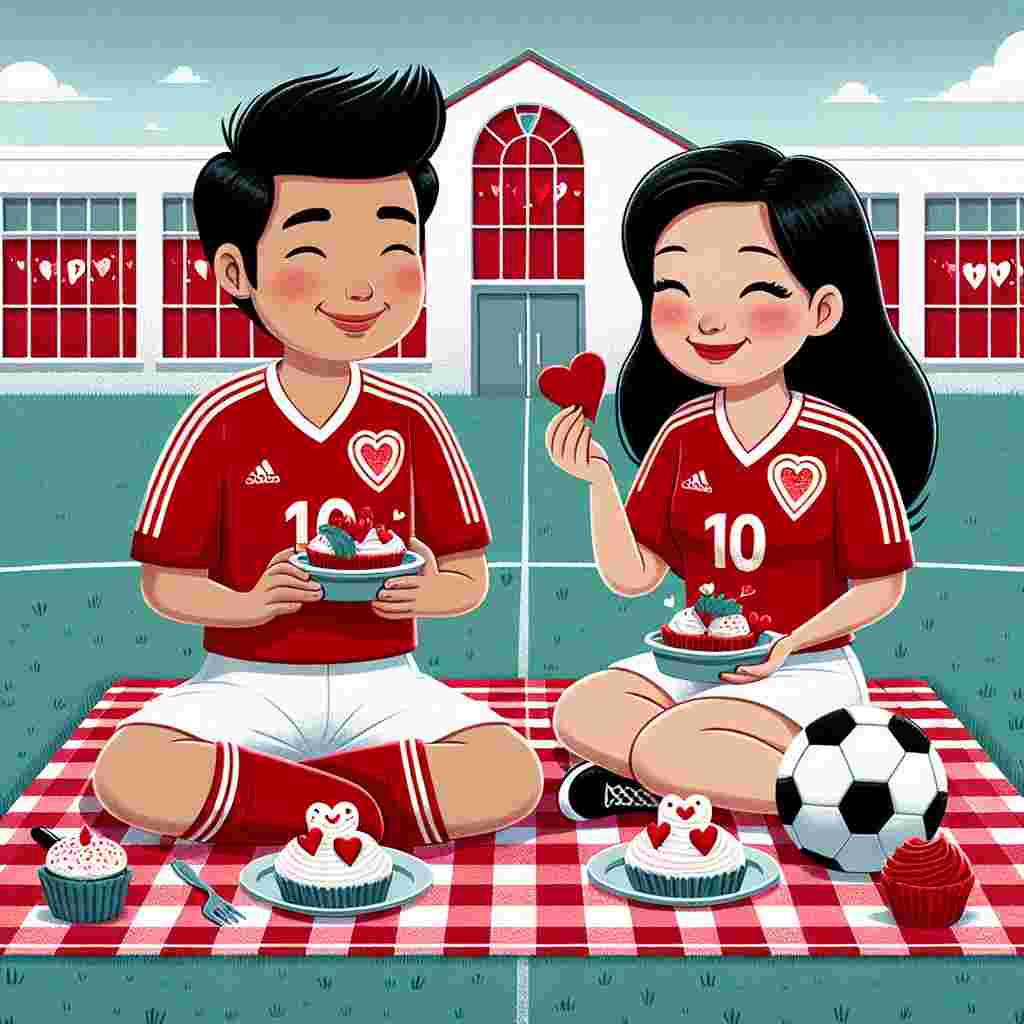 A whimsical illustration associated with Valentine's Day featuring an East Asian man and a Hispanic woman, both donned in generic red and white sports jerseys, sharing a romantic picnic on a soccer field. They partake in heart-shaped sandwiches and cupcakes with soccer motifs. In the far distance, the windows of an unrelated gymnasium are decorated with red and white Valentine's themes, matching the jerseys' color scheme.
Generated with these themes: Liverpool Football Club, Food, and The gym.
Made with ❤️ by AI.
